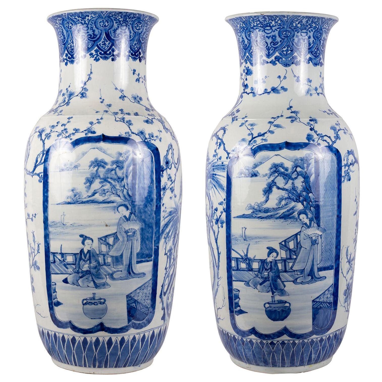 Large Pair 19th Century Japanese Blue and White Vases