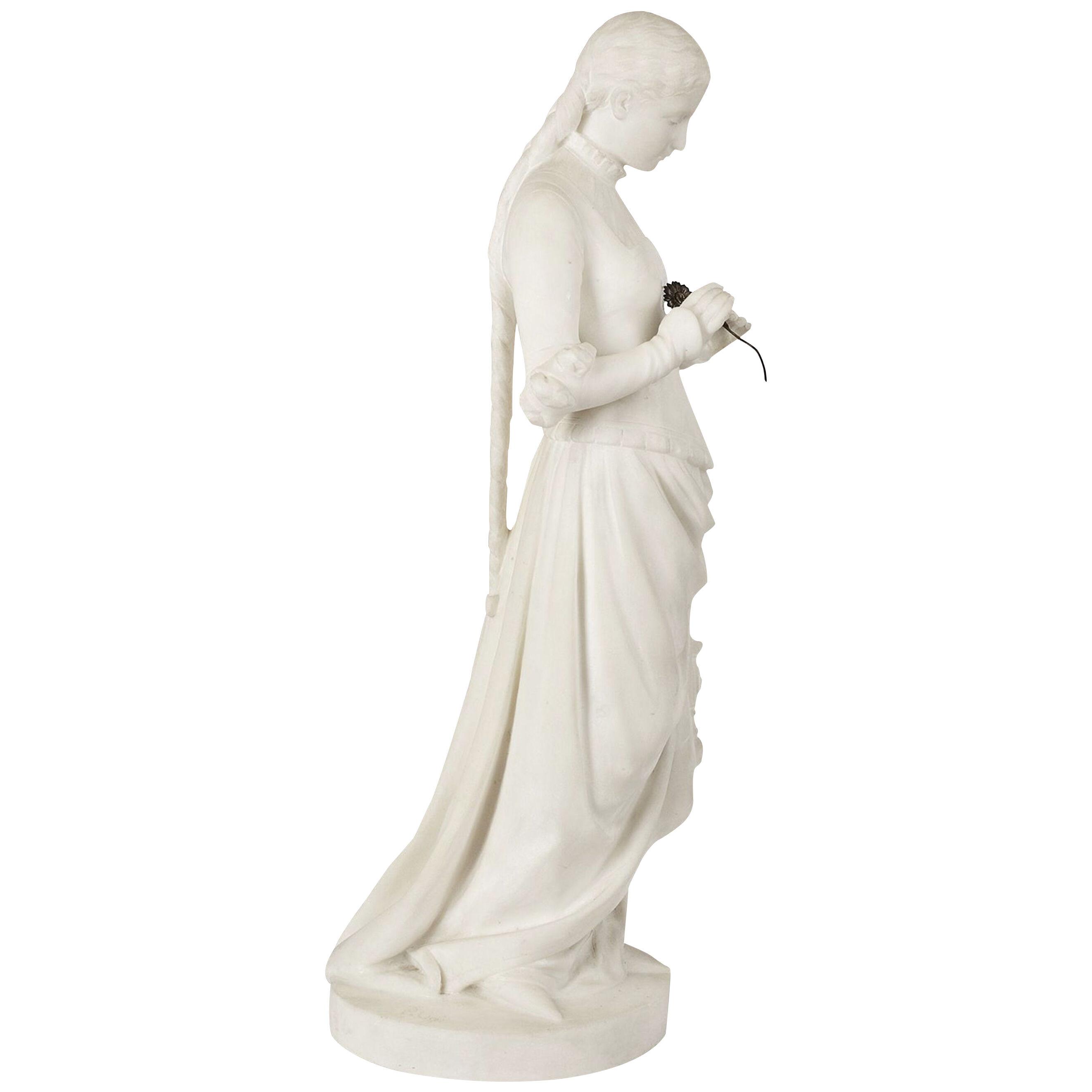 19th Century Marble girl holding a flower.