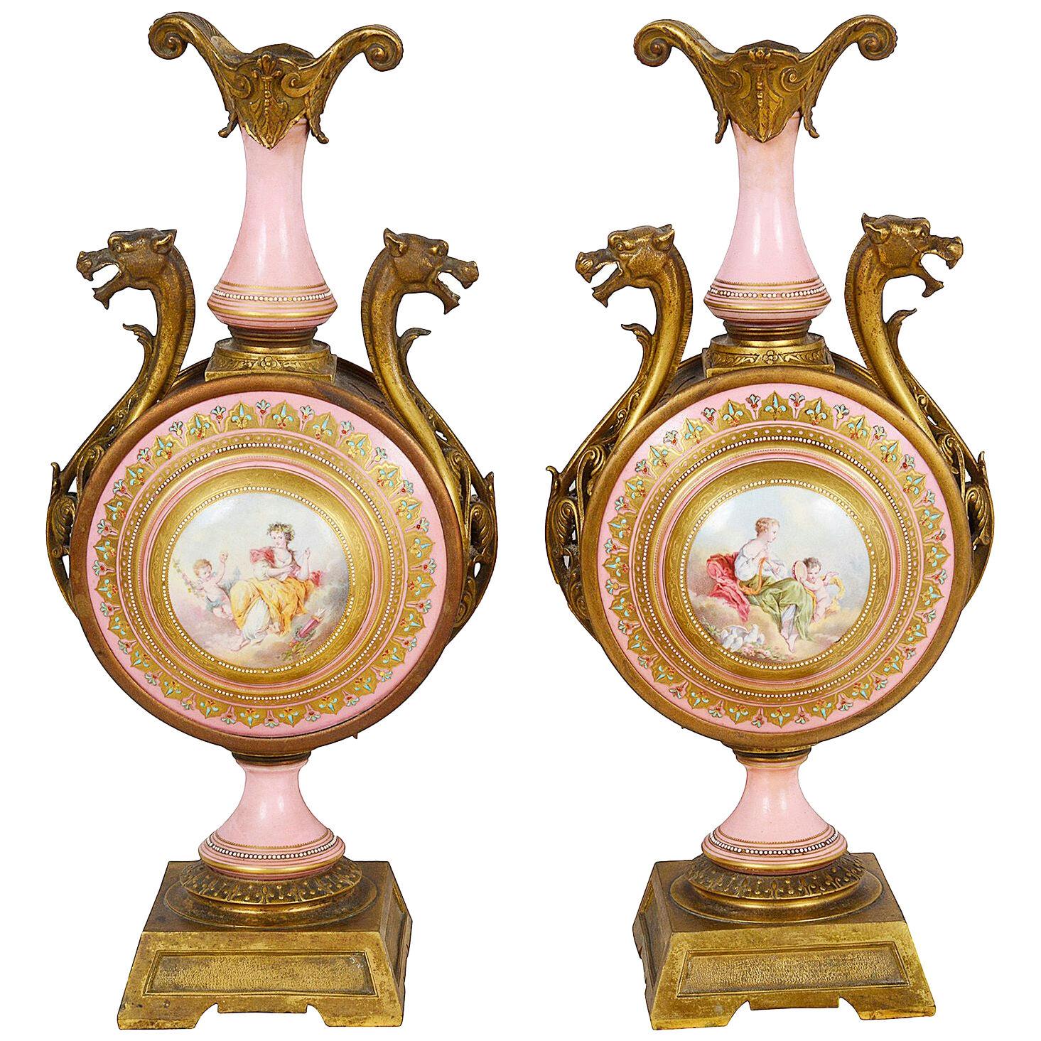 Pair 19th Century Pink Sevres style porcelain vases.