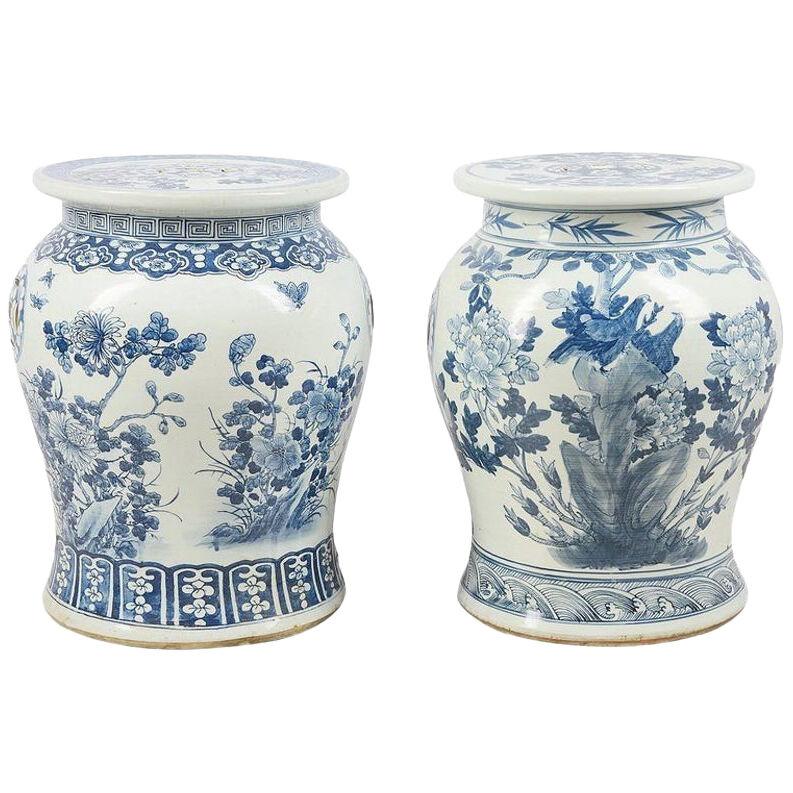Near Pair of Early 20th Century Chinese Blue and White Porcelain Garden Seats