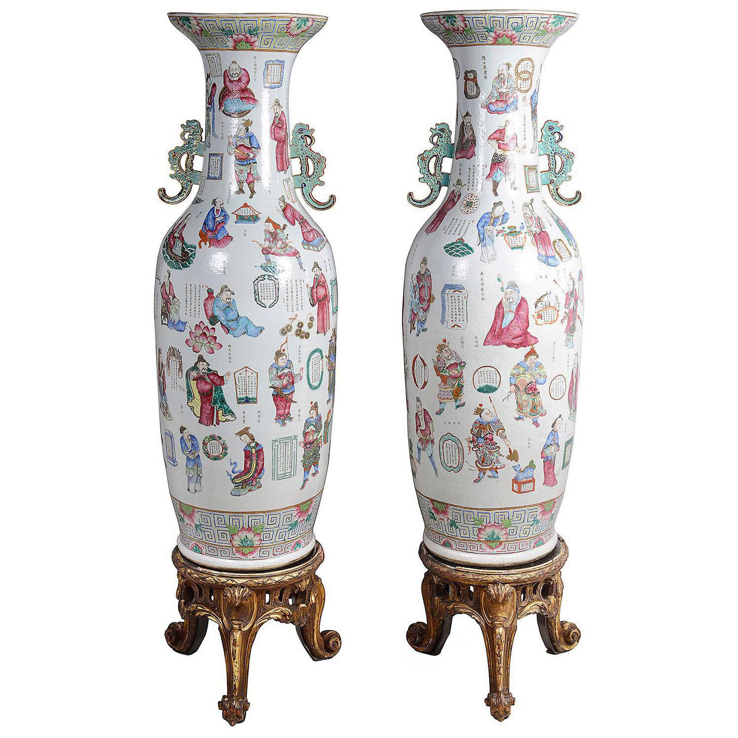Large pair 19th Century Chinese Famille Rose vases on stands. 67"