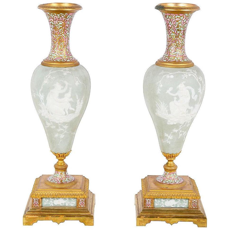 Pair 19th Century Jasper Wedgewood + enamel vases.