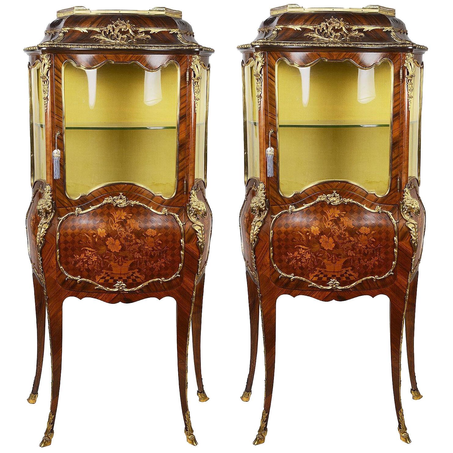 Pair 19th Century French marquetry inlaid display cabinets