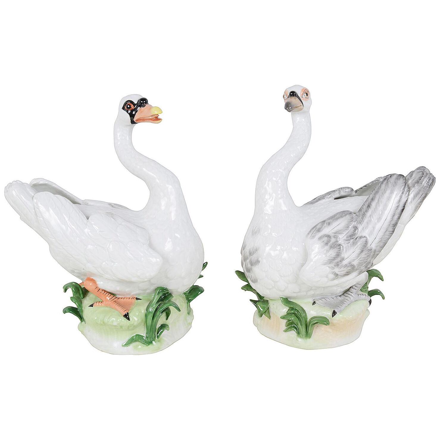 Pair Dresden porcelain Swans, 11"