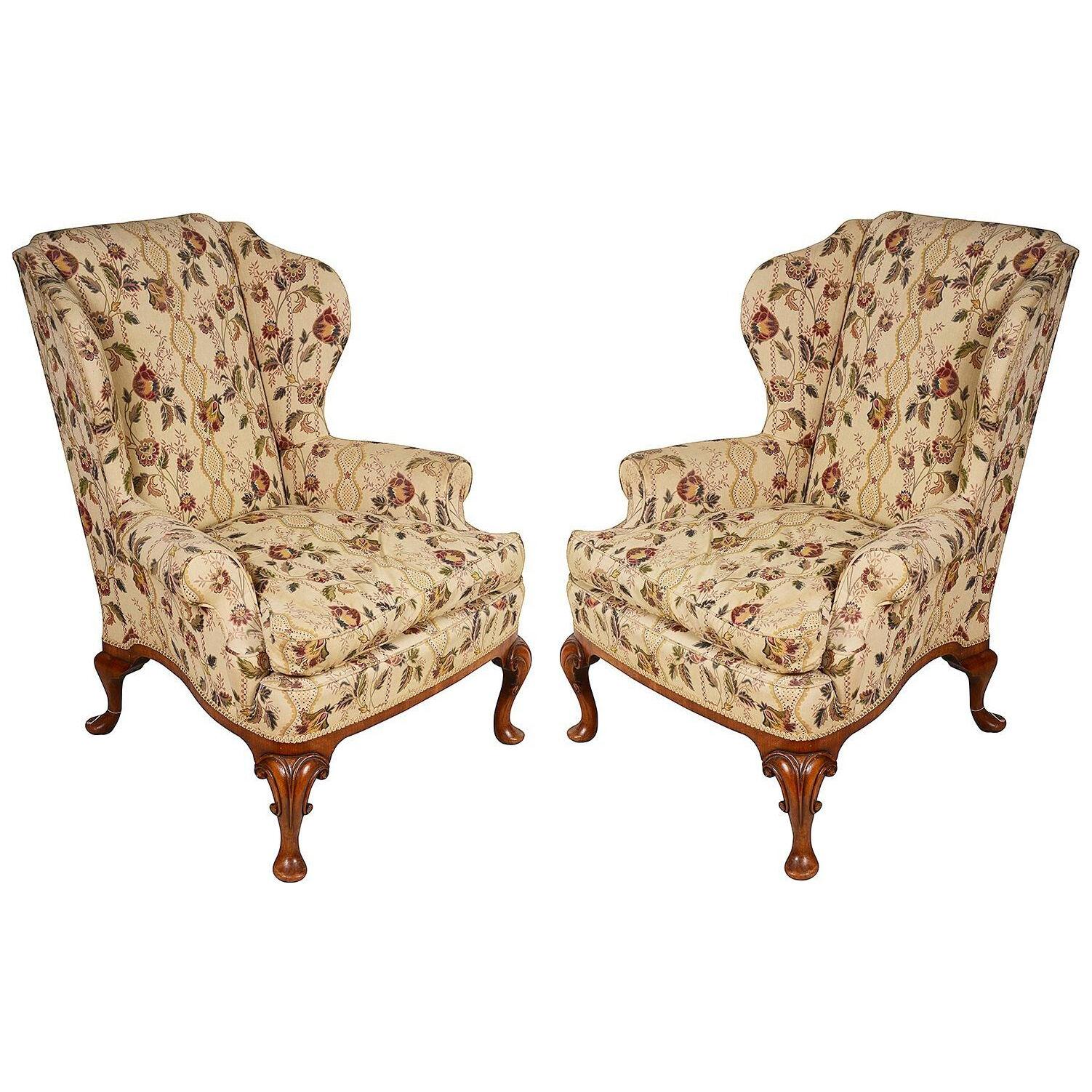 Pair Queen Anne Style Walnut Wing Arm Chairs, circa 1920