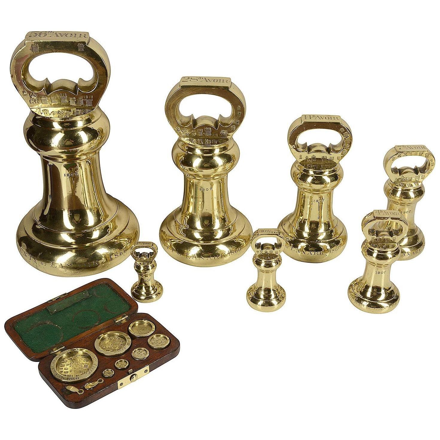 Boxed set of Victorian brass weights, circa 1880