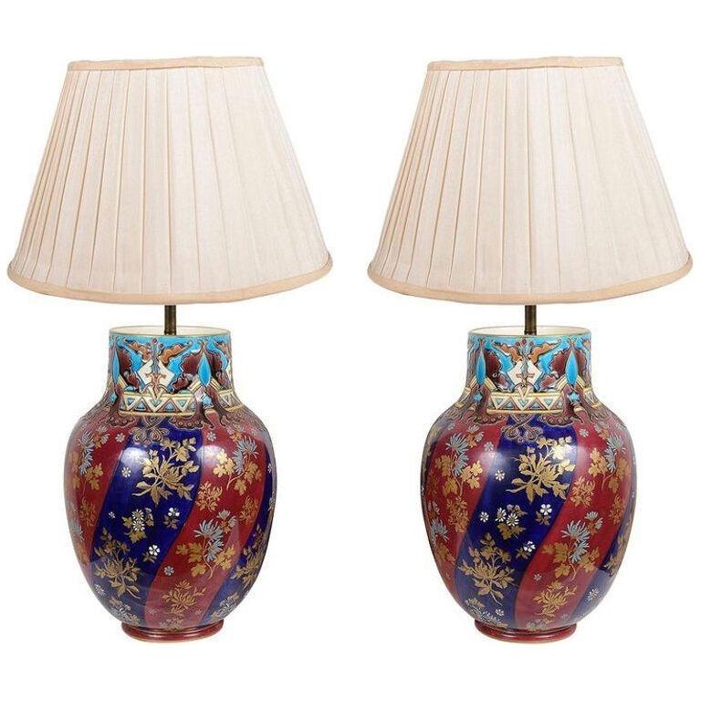 Pair Late 19th Century Majolica Vases / Lamps