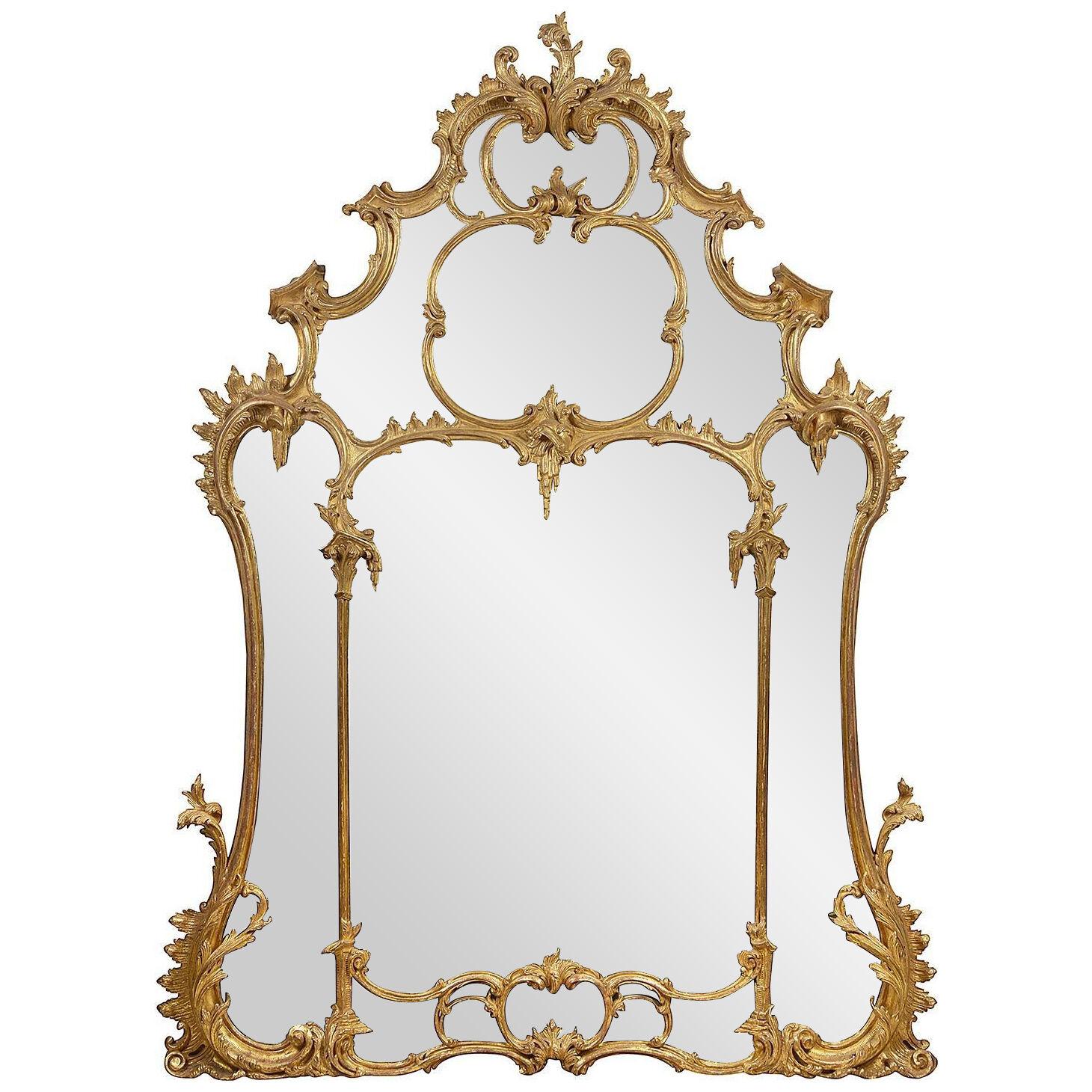 19th Century carved gilt wood Chippendale style over mantel wall mirror.