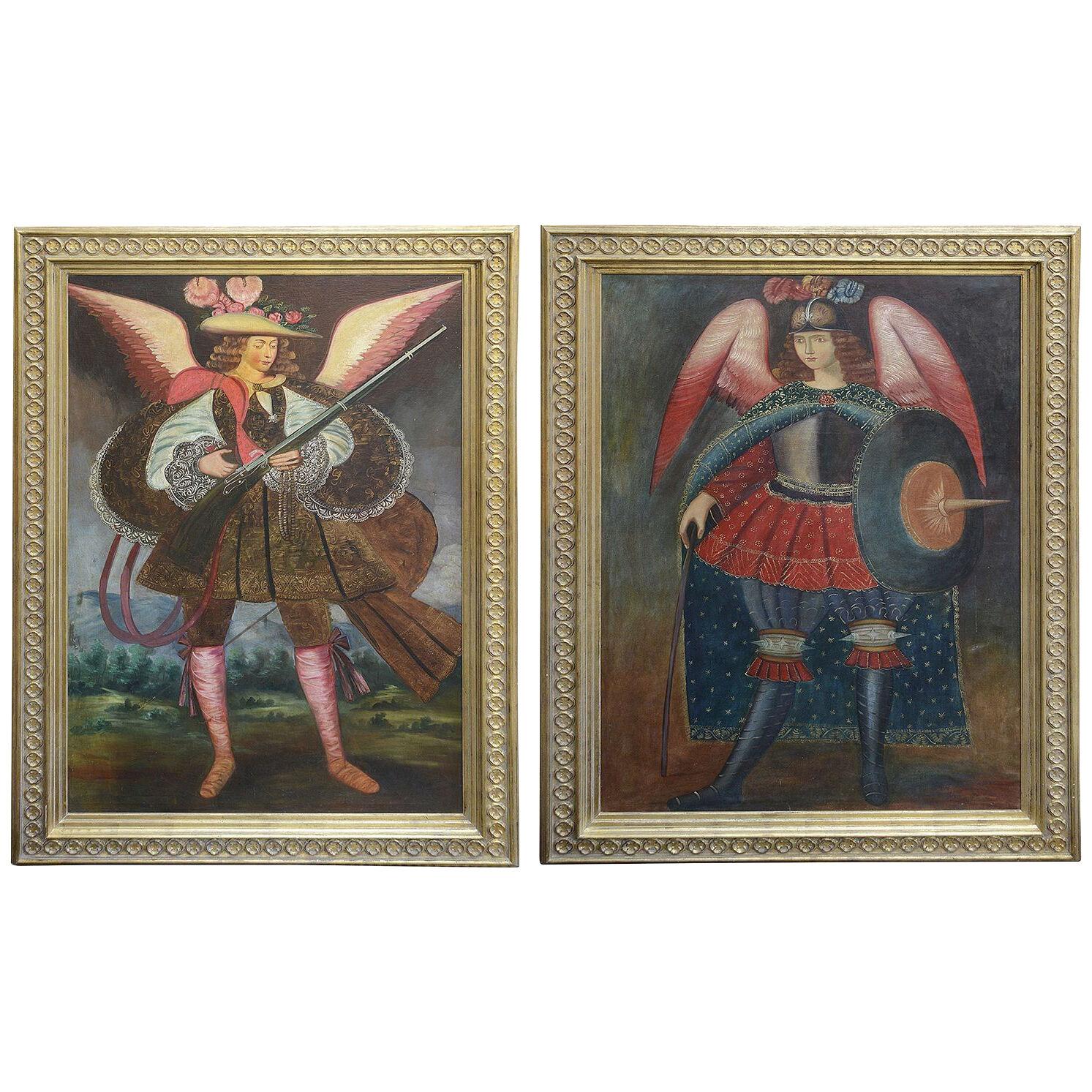Large pair 17th Century style Peruvian, Cusco influ. paintings. 210cm/83'