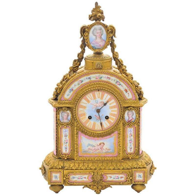 19th Century Pink 'Sevres' Porcelain Mantel Clock
