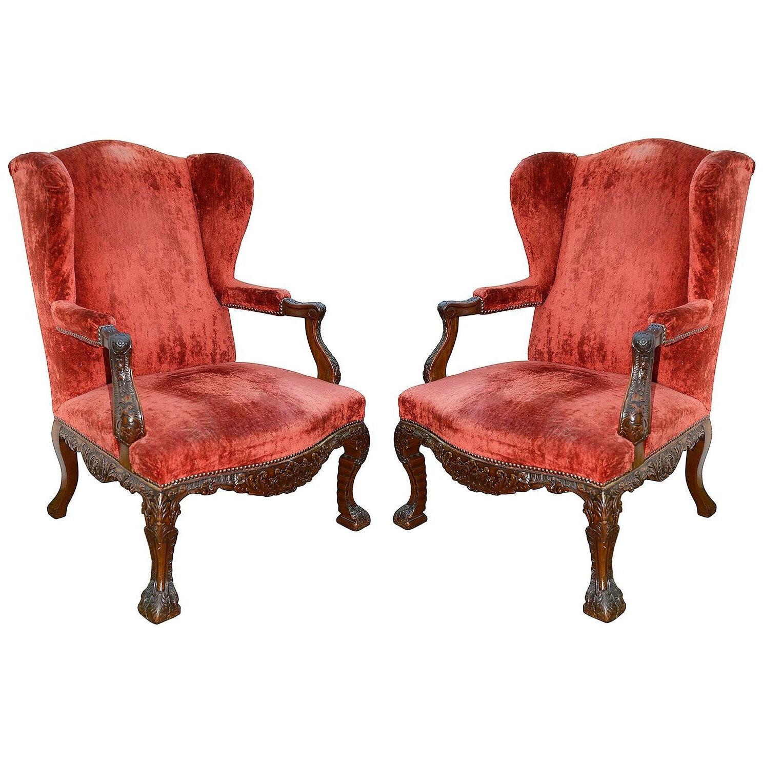 Imposing pair 18th Century Georgian style Gainsborough wing arm chairs.