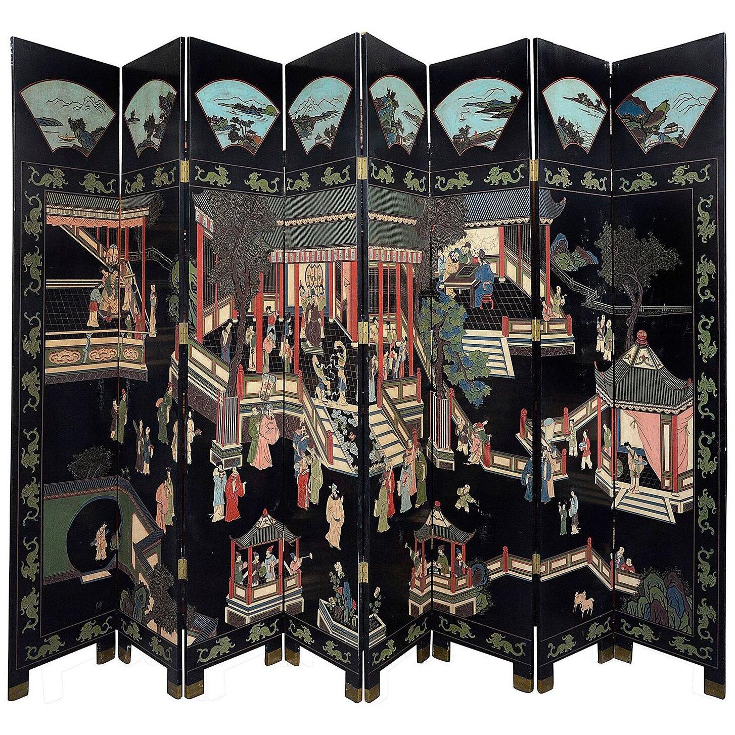 Chinese Coromandel lacquer eight fold screen, early 20th century
