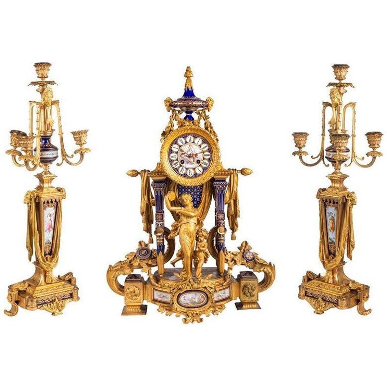 Rare 19th Century Sevres Style Clock Set