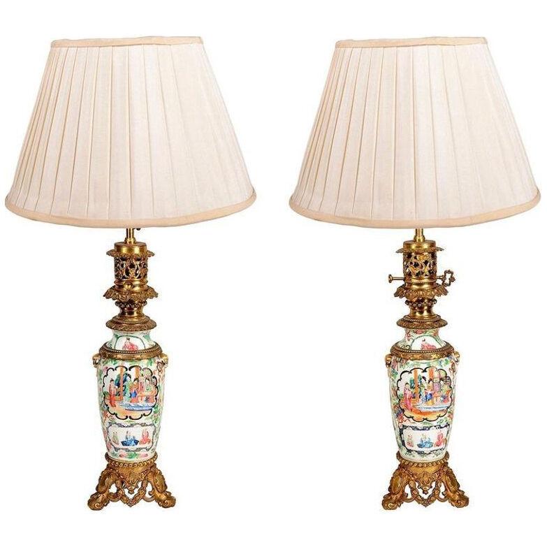 Pair of 19th Century Rose Medallion Vases / Lamps