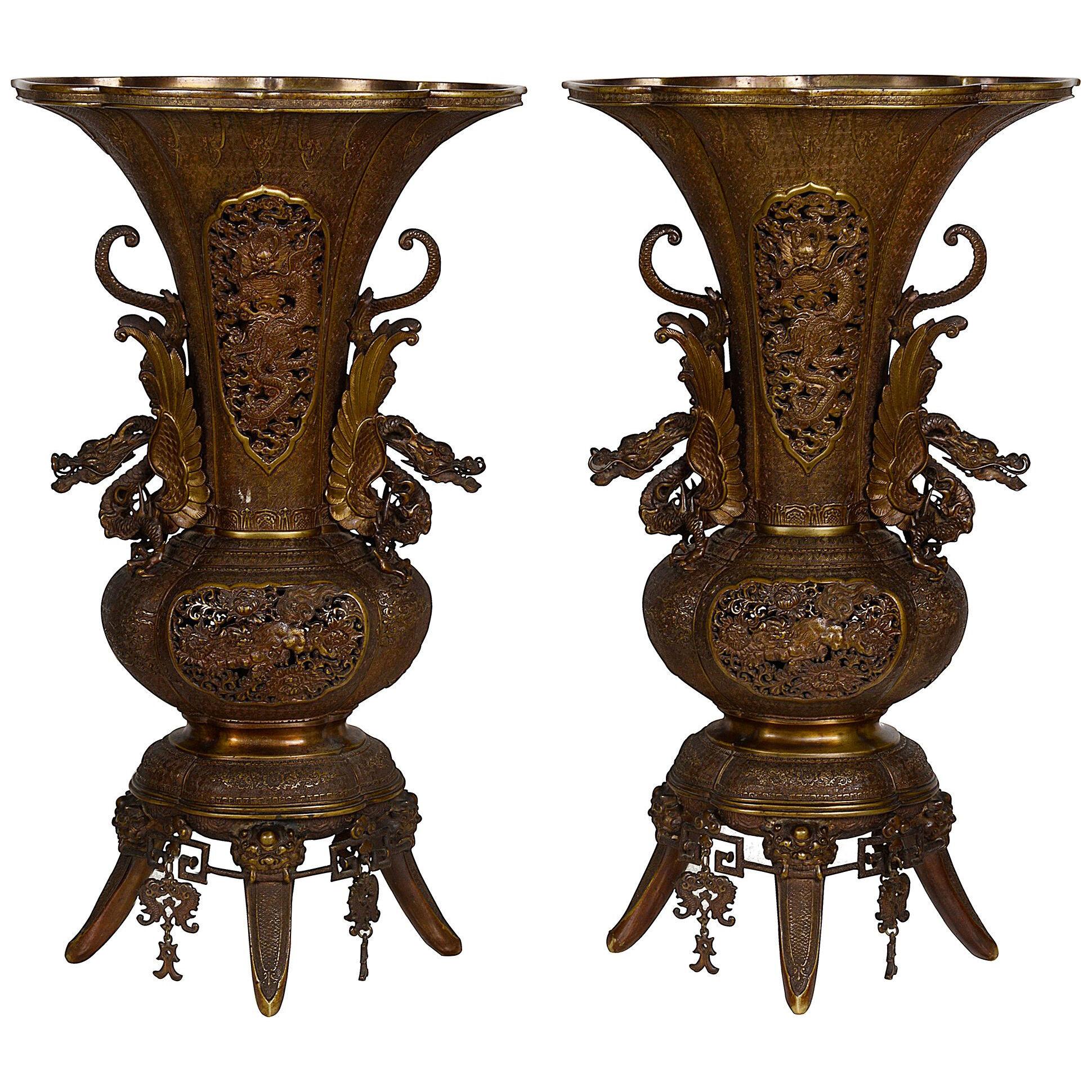 Magnificent Pair of 19th Century Japanese Bronze Vases