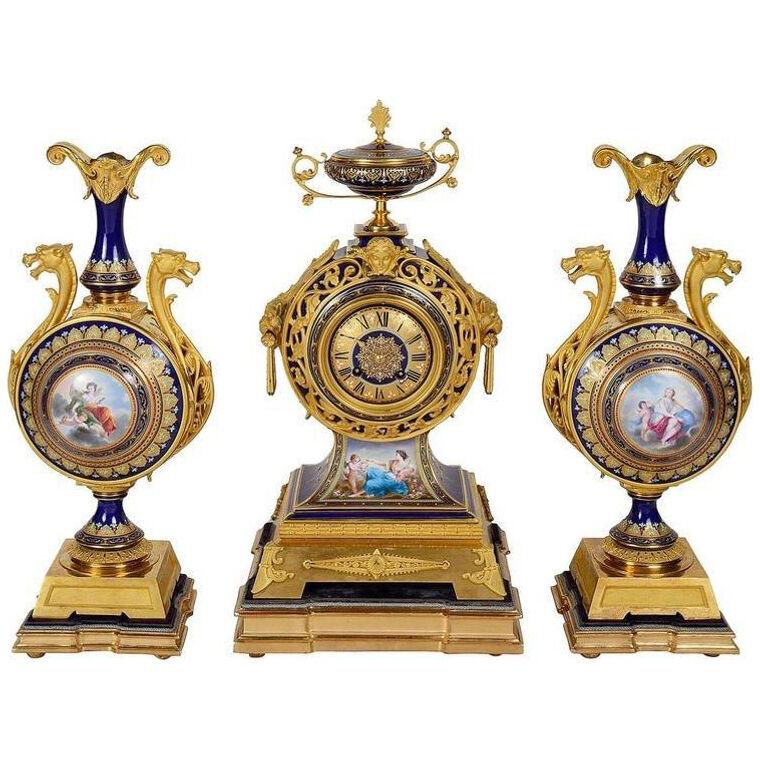French 19th Century Sevres Style Clock Garniture