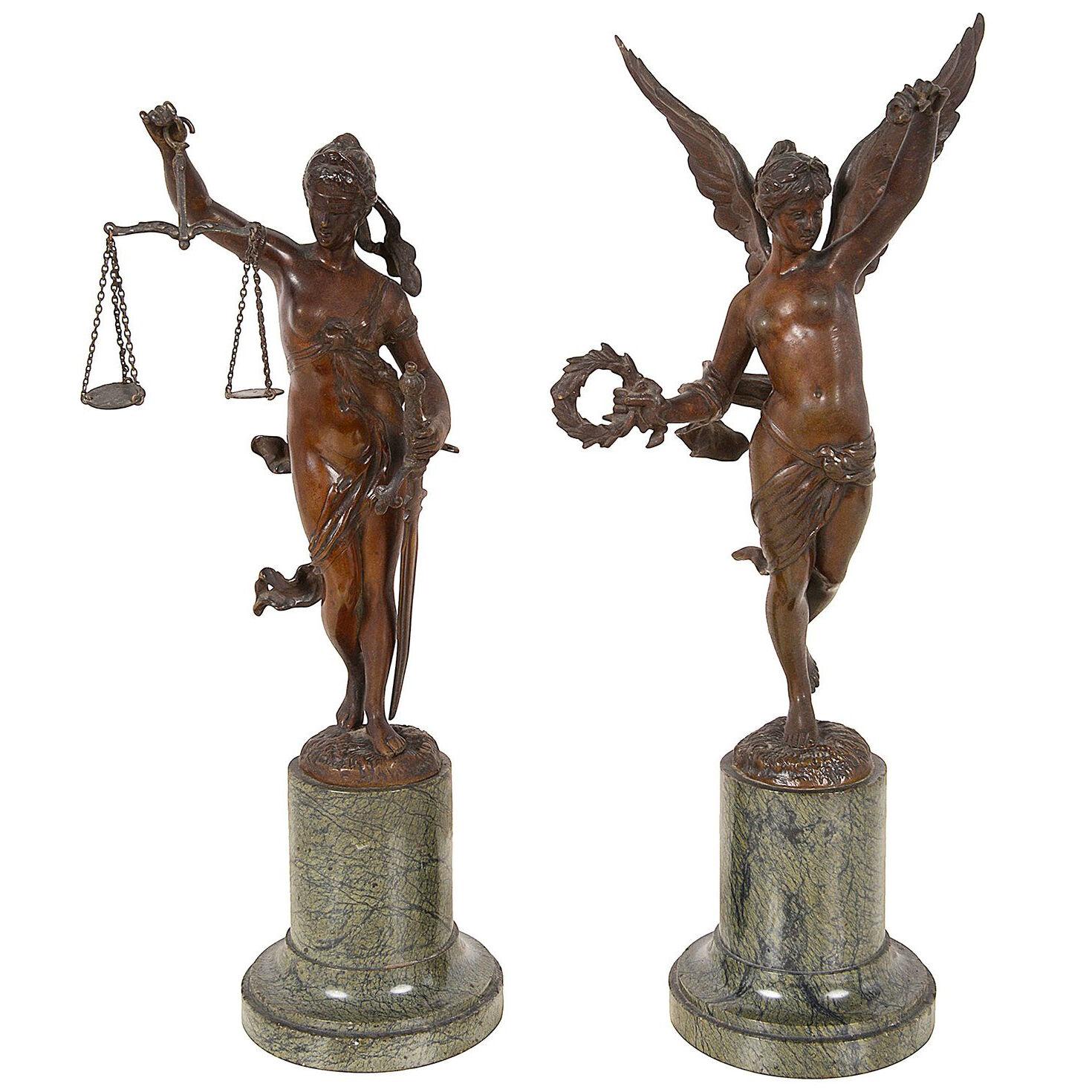 Pair 19th Century Bronze statues of Victory and Justice. 12"