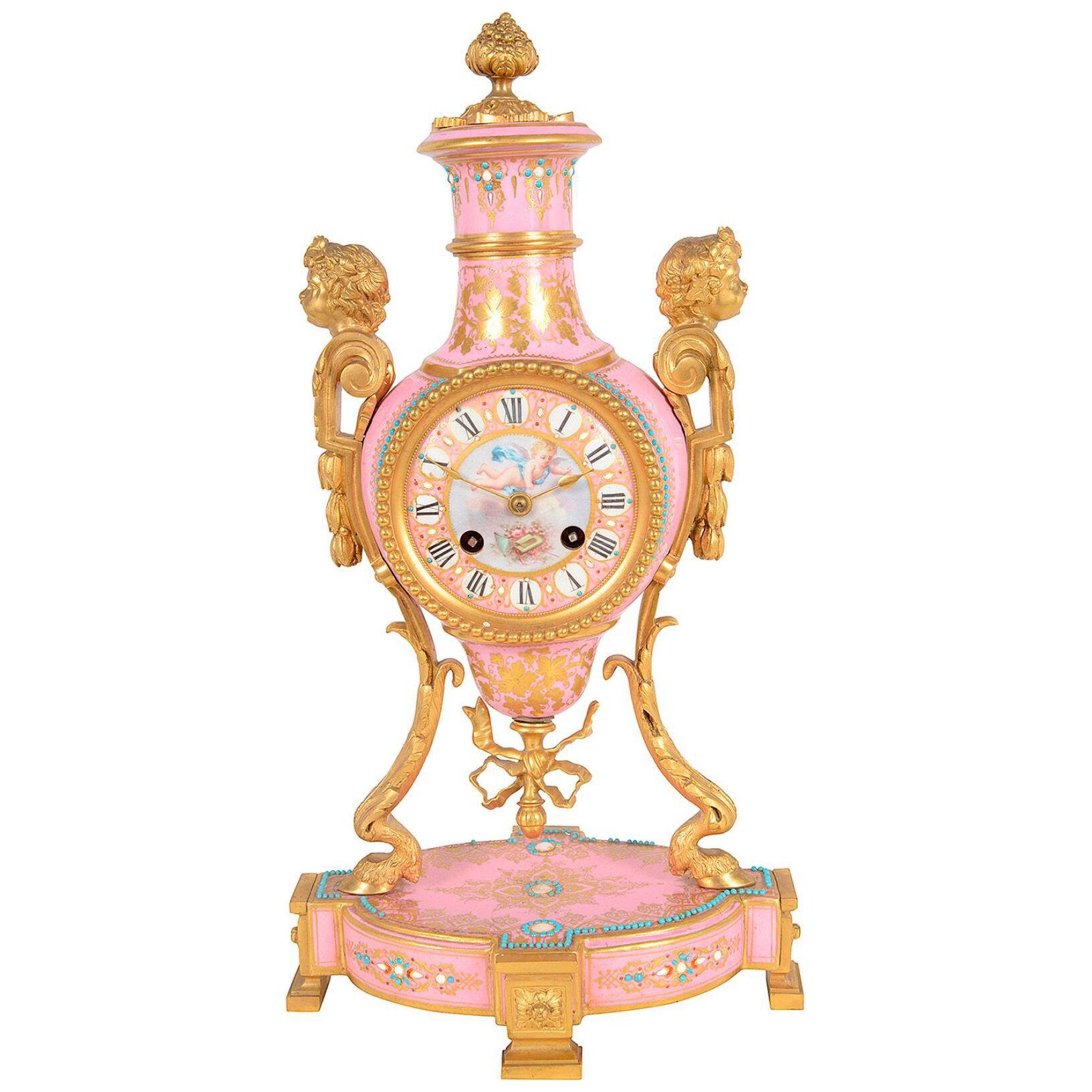Louis XVI style pink porcelain mantel clock, 19th Century.