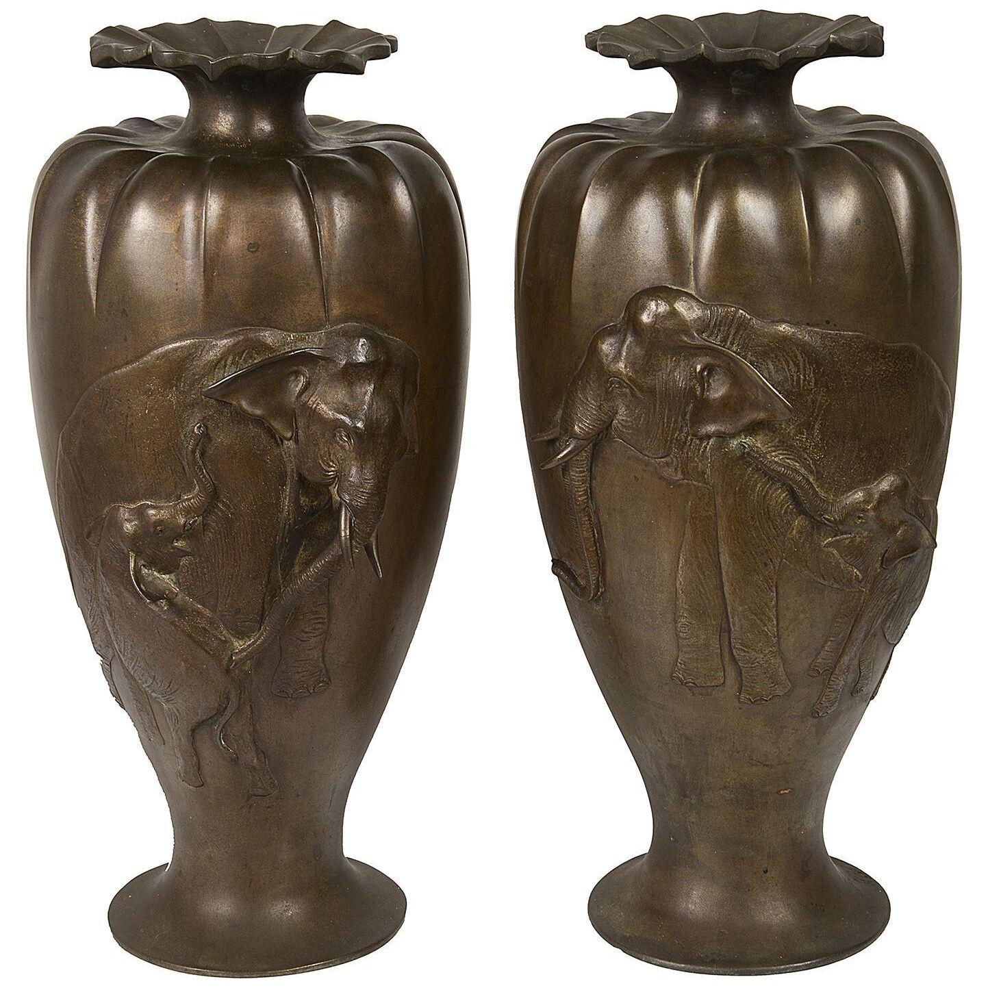 Pair Japanese Meiji period Bronze Elephant vases.