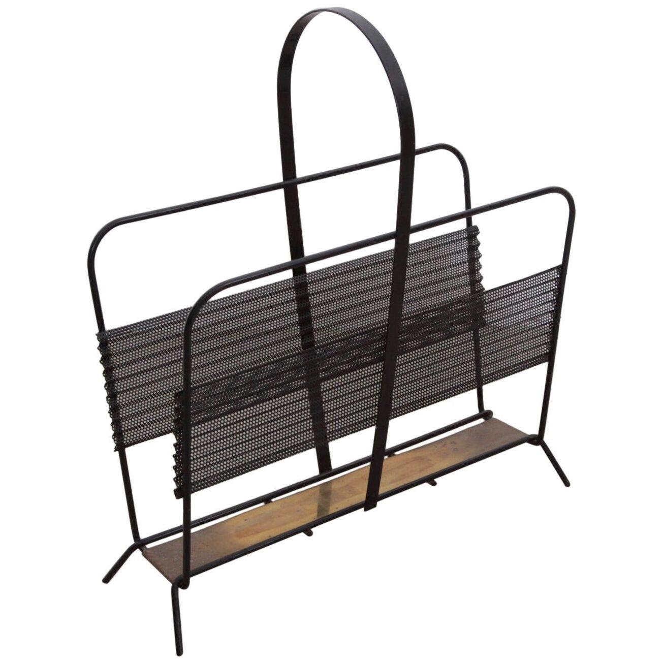 Mathieu Matégot Magazine Rack or Stand or Tray in Black and Brass France, 1950s	