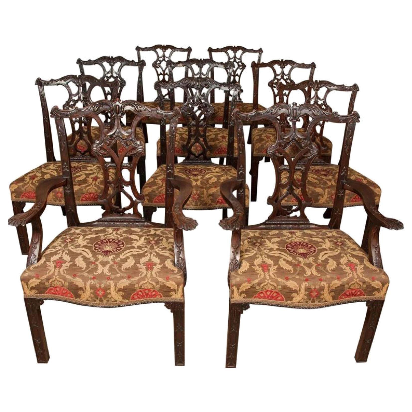 Set of ten 19th century mahogany Chippendale style dining chairs