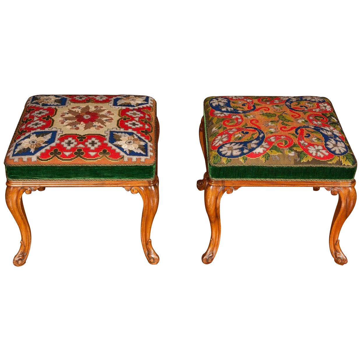 Pair of 19th Century Walnut Stools with Berlin Needlework covers.