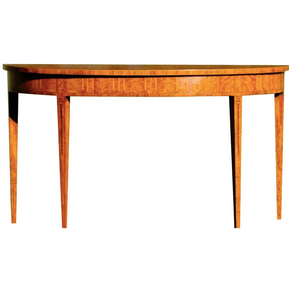 A very good pair of 20th century satinwood and inlaid demi-lune console tables