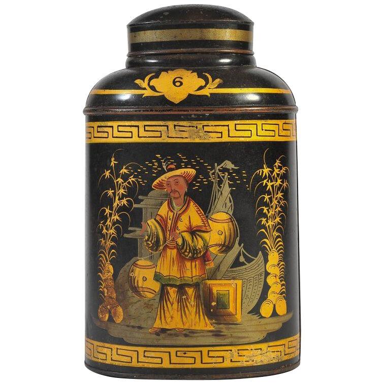 A decorative late 19th century Japanned tea canister