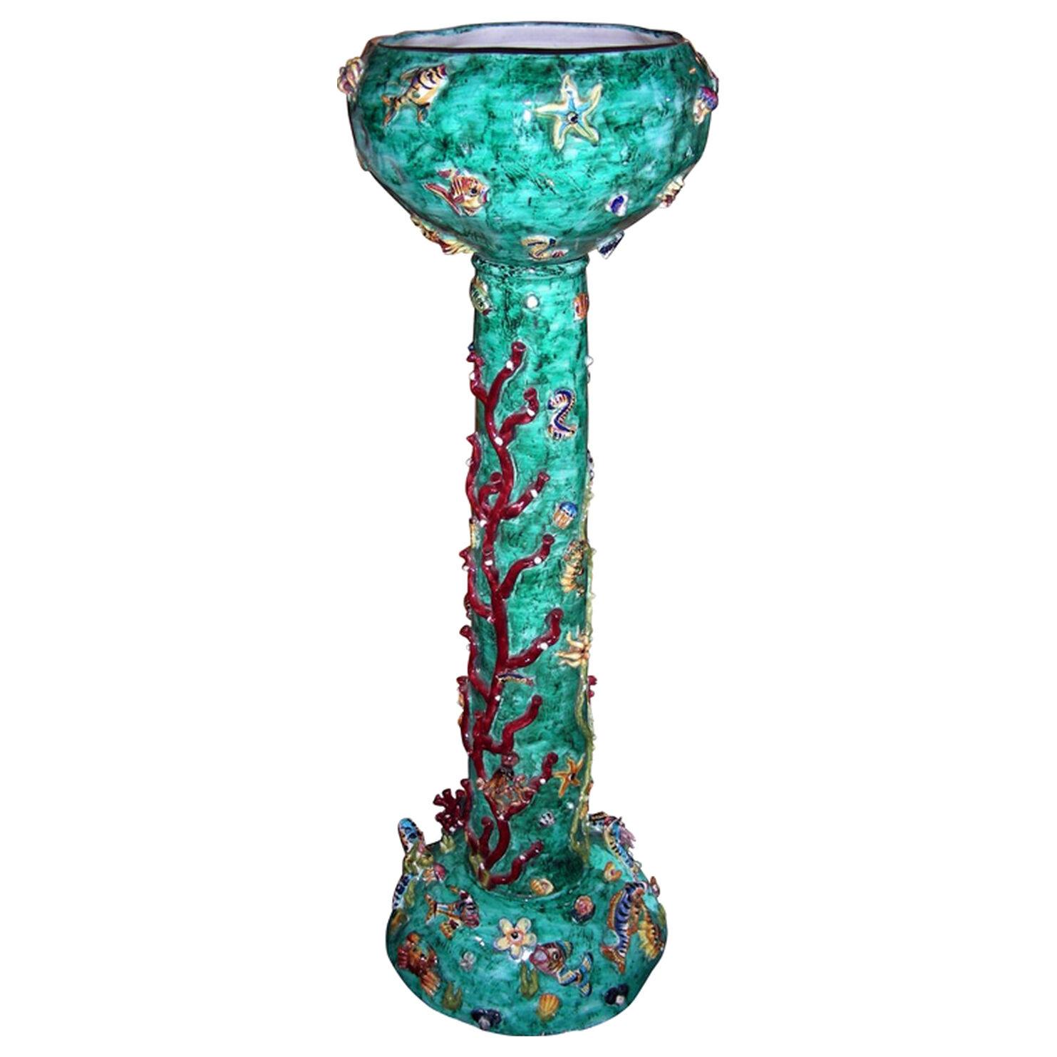 Glazed ceramic basin on column with aquatic decoration, Vietri Sul Mare