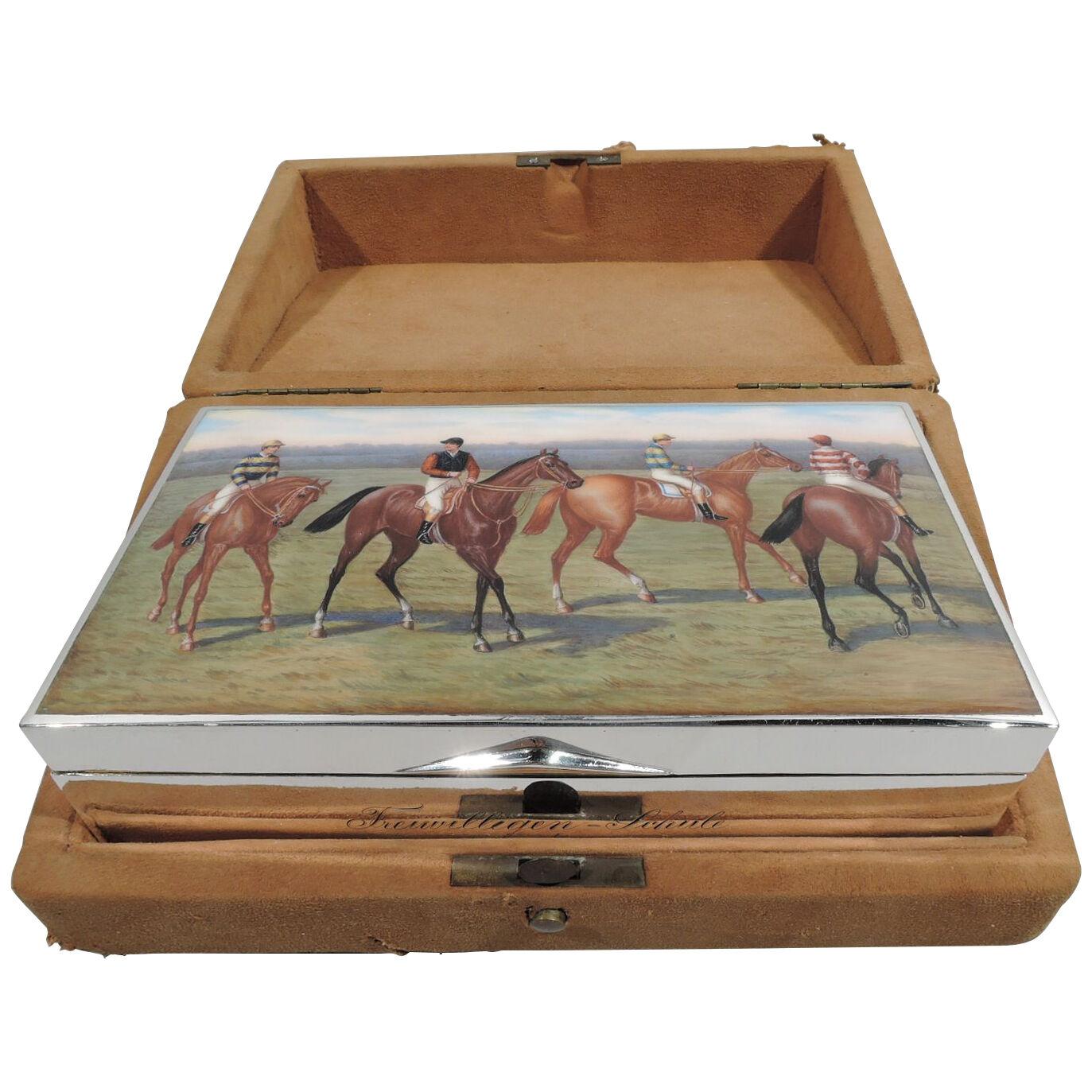 Antique Austrian Silver & Enamel Horse Jockey Box in Original Case