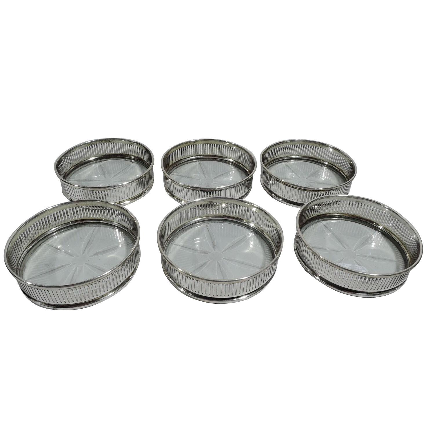 Set of 6 Tiffany Modern Sterling Silver and Glass Coasters
