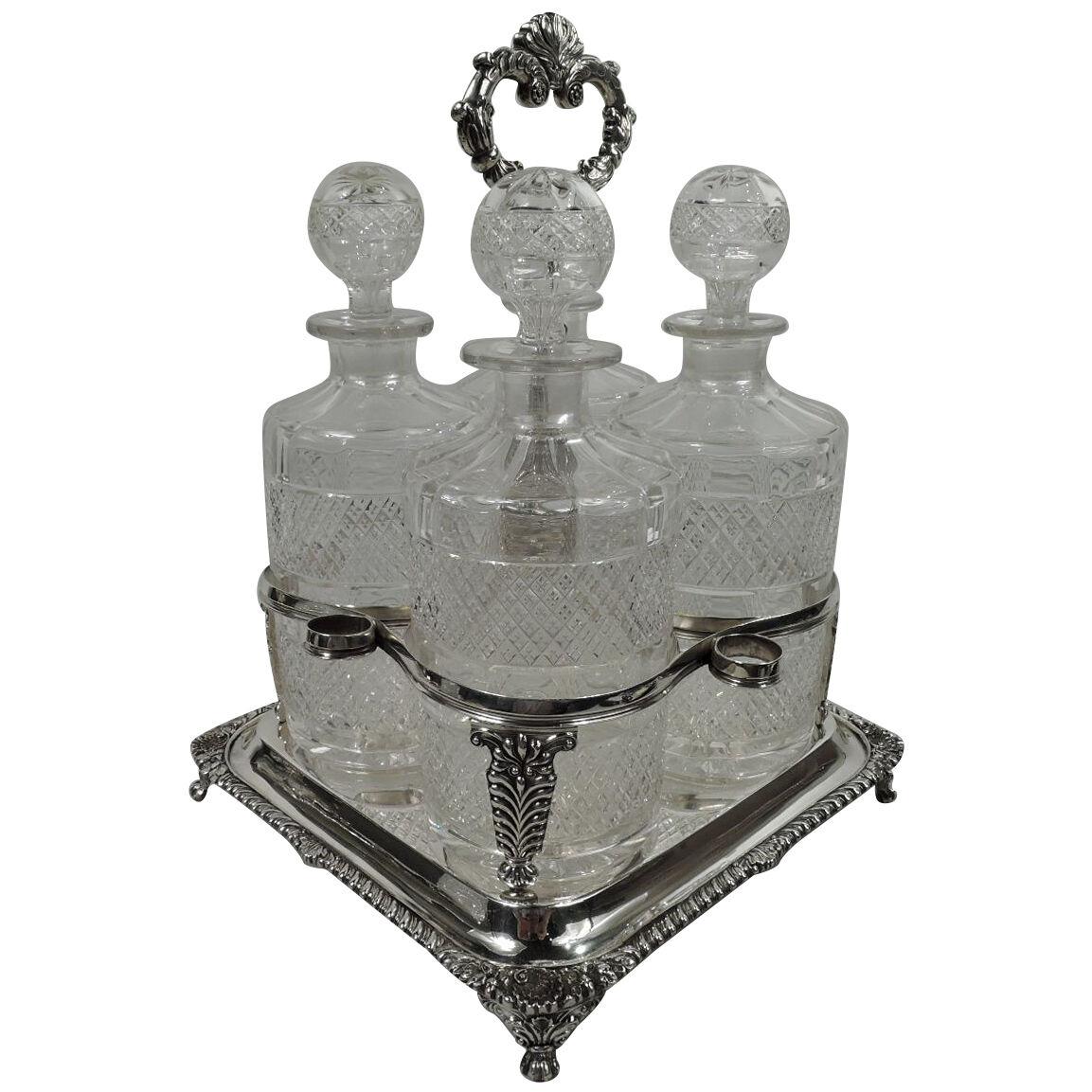 Antique English Georgian Neoclassical Decanter Stand with Bottles