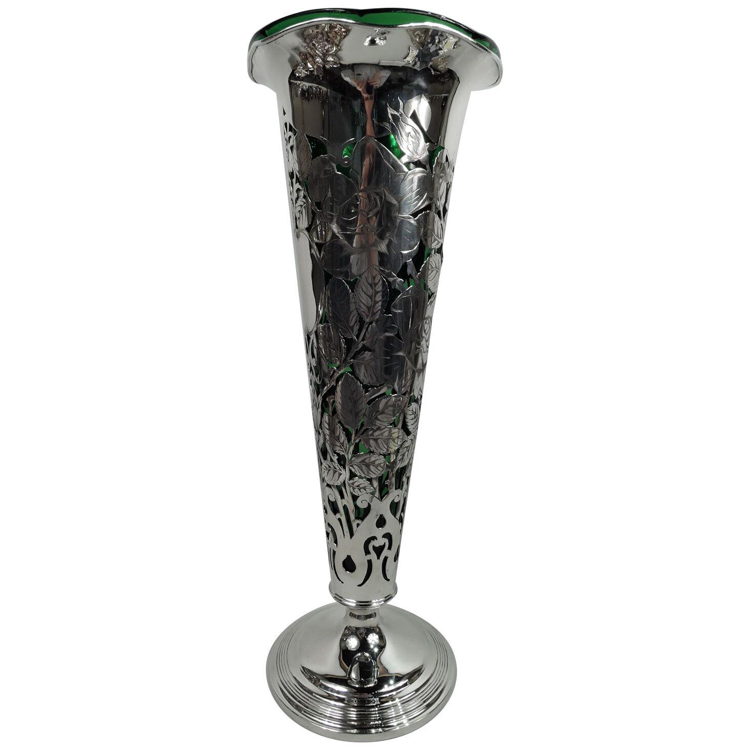 Tall Gorham Art Nouveau Sterling Silver & Green Glass Trumpet Vase