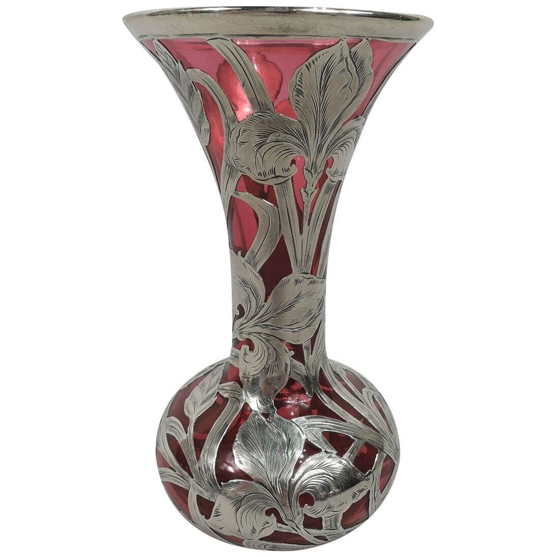 Antique Alvin Art Nouveau Red Silver Overlay Vase with Iris Flowers
