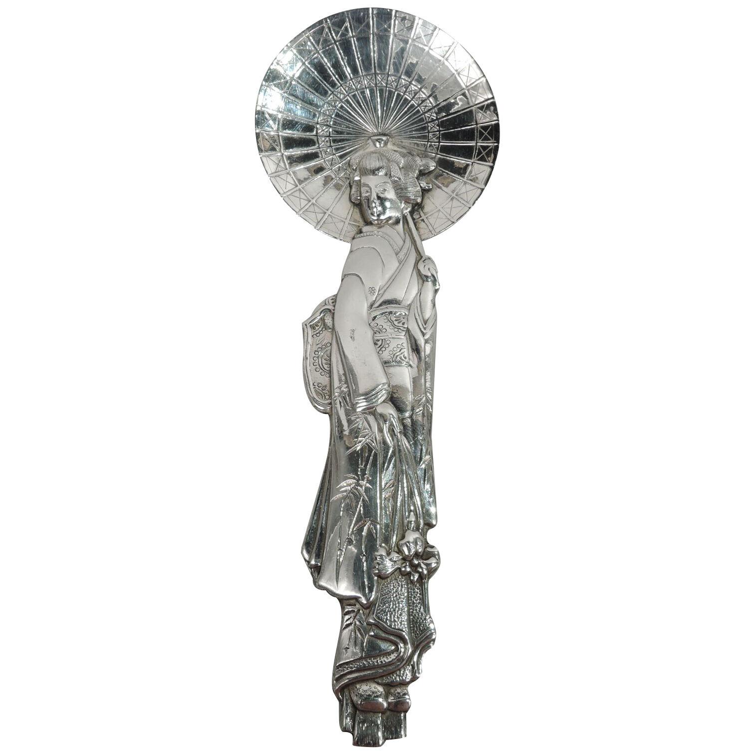 Japanese Silver Novelty Serving Spoon with Parasol-Twirling Geisha