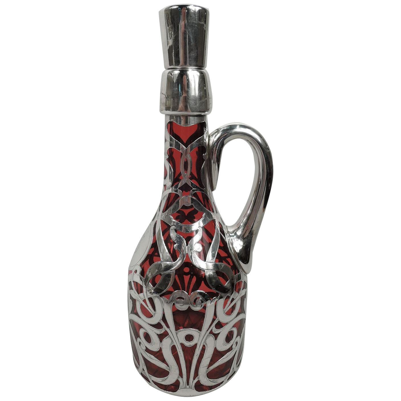 Antique Gorham Art Nouveau Red Silver Overlay Bottle Decanter