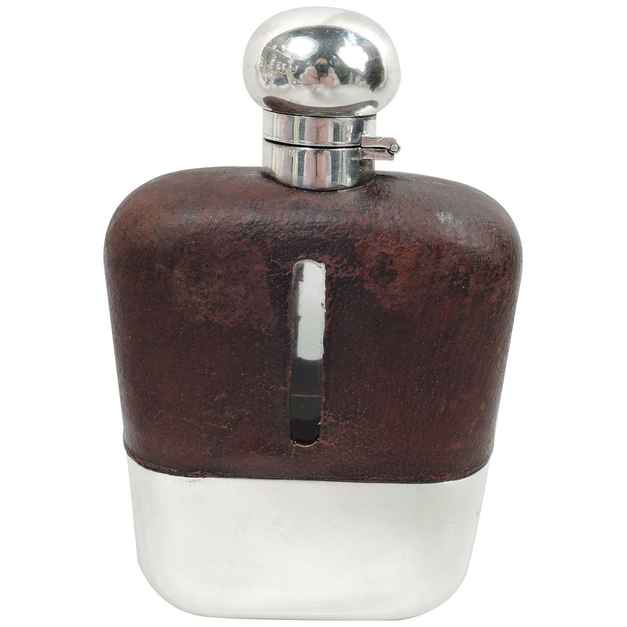 Antique English Sterling Silver & Leather Easy-Grip Safari Flask