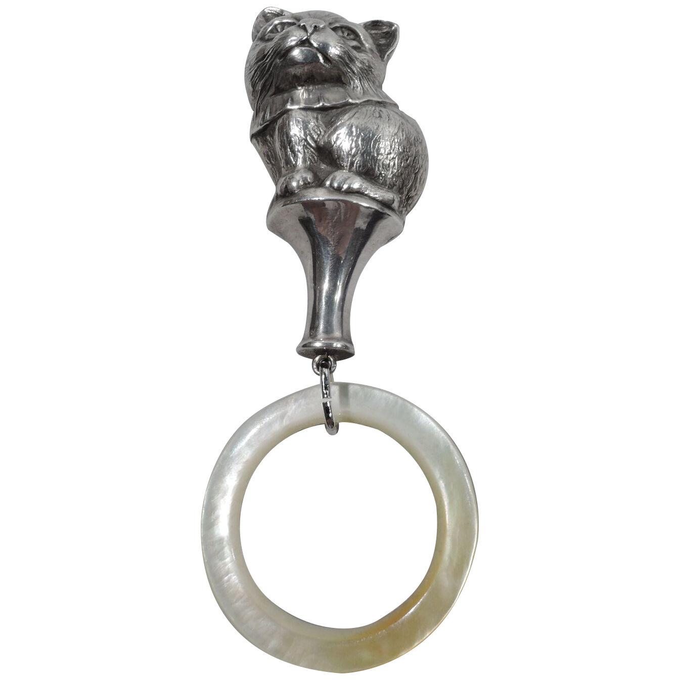 Antique American Sterling Silver Rattle with Kitty Sitting Pretty