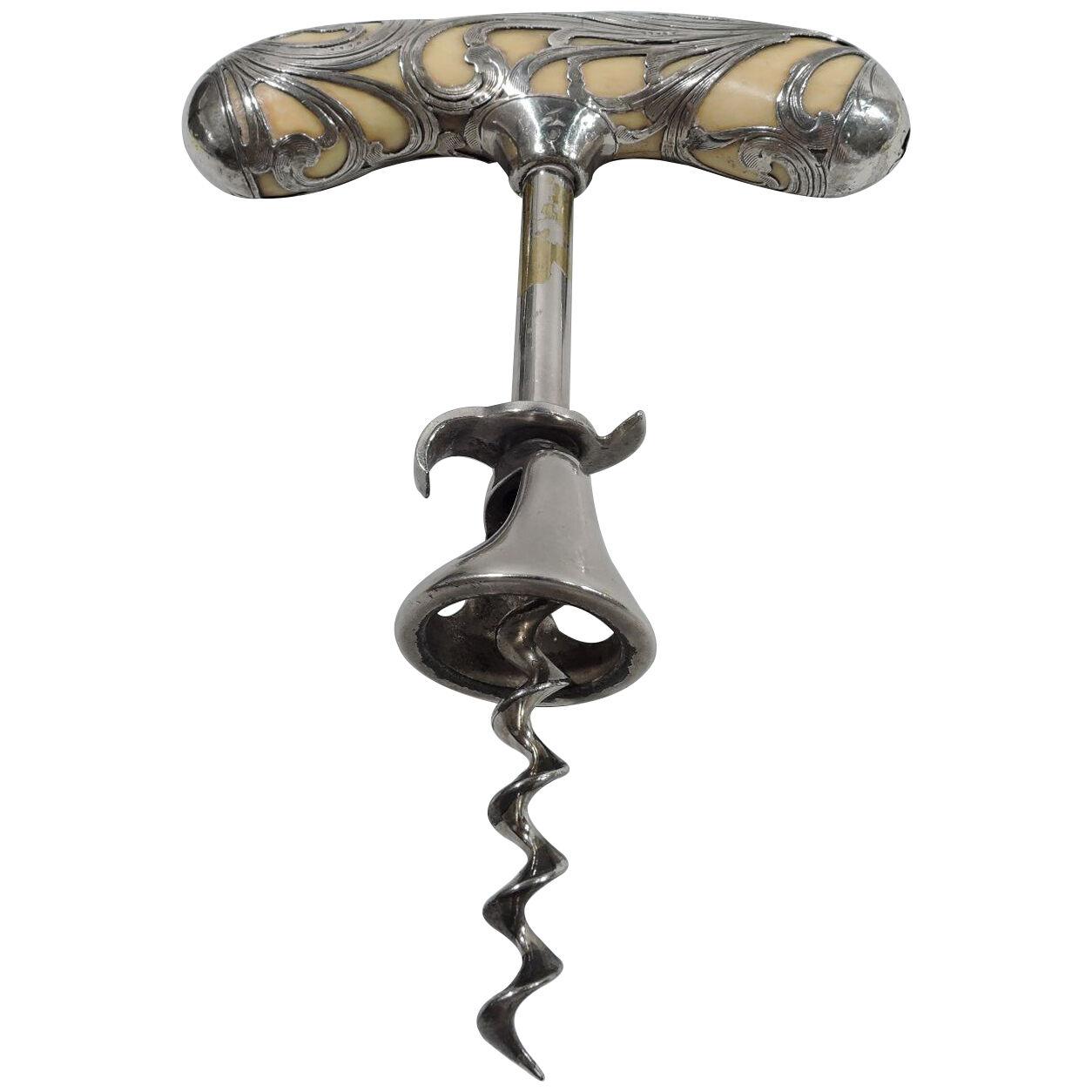Antique American Art Nouveau Silver Overlay Horn Corkscrew