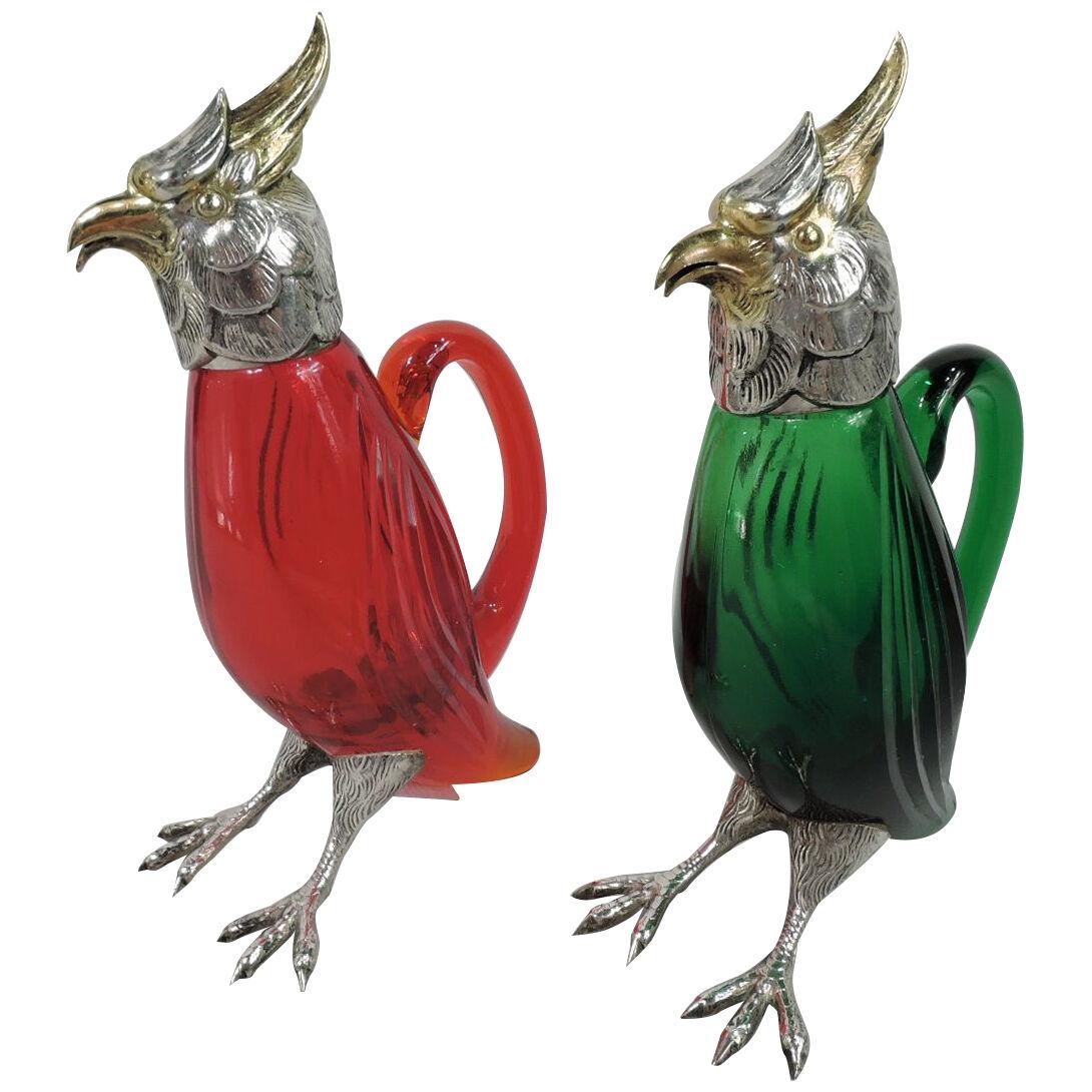 Pair of Spanish Silver & Glass Figural Bird Small Decanters