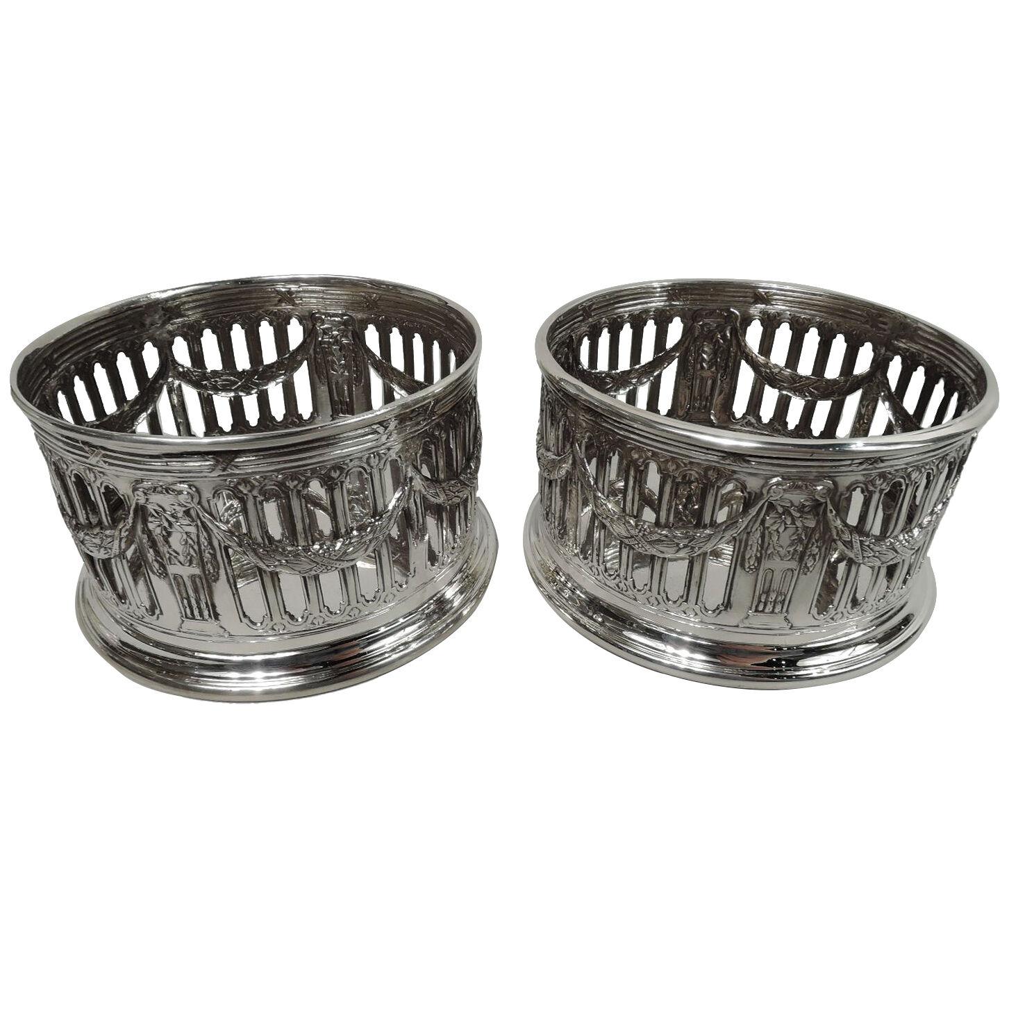 Pair of Traditional Neoclassical Sterling Silver Wine Bottle Coasters