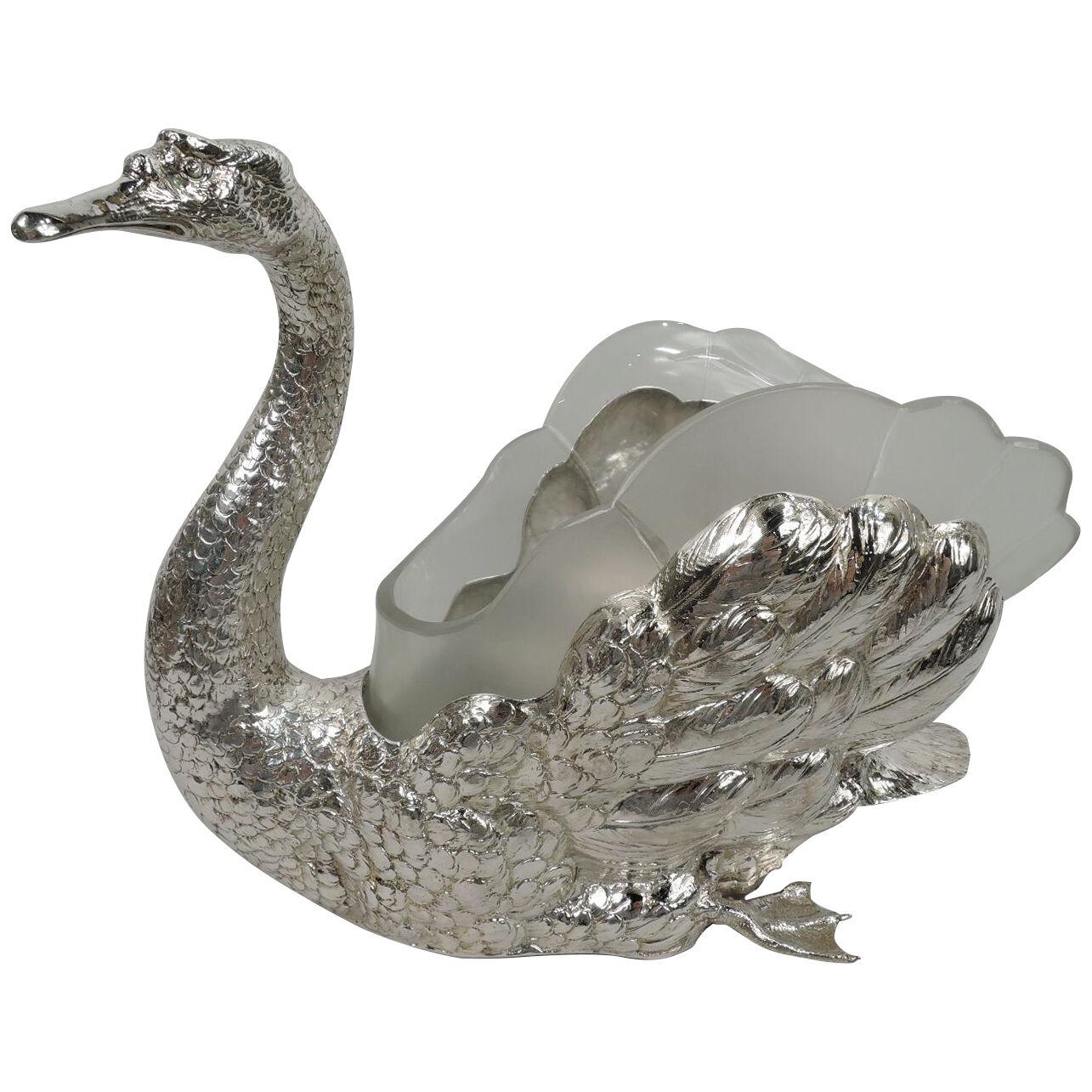 Beautiful German Silver Swan Centerpiece Bowl with Rare Glass Liner