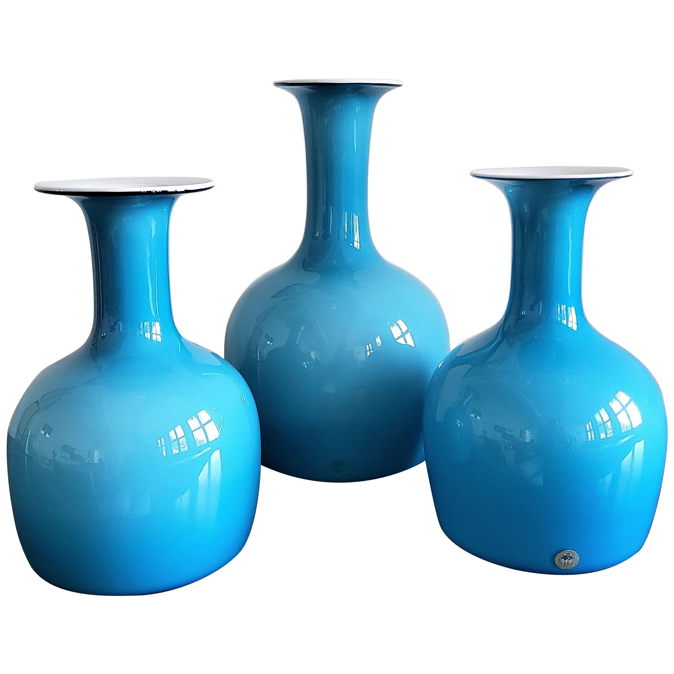 RARE SET OF 3 OPAL BLUE GLASS ‘CARNABY’ VASES BY PER LÜTKEN FOR HOLMEGAARD