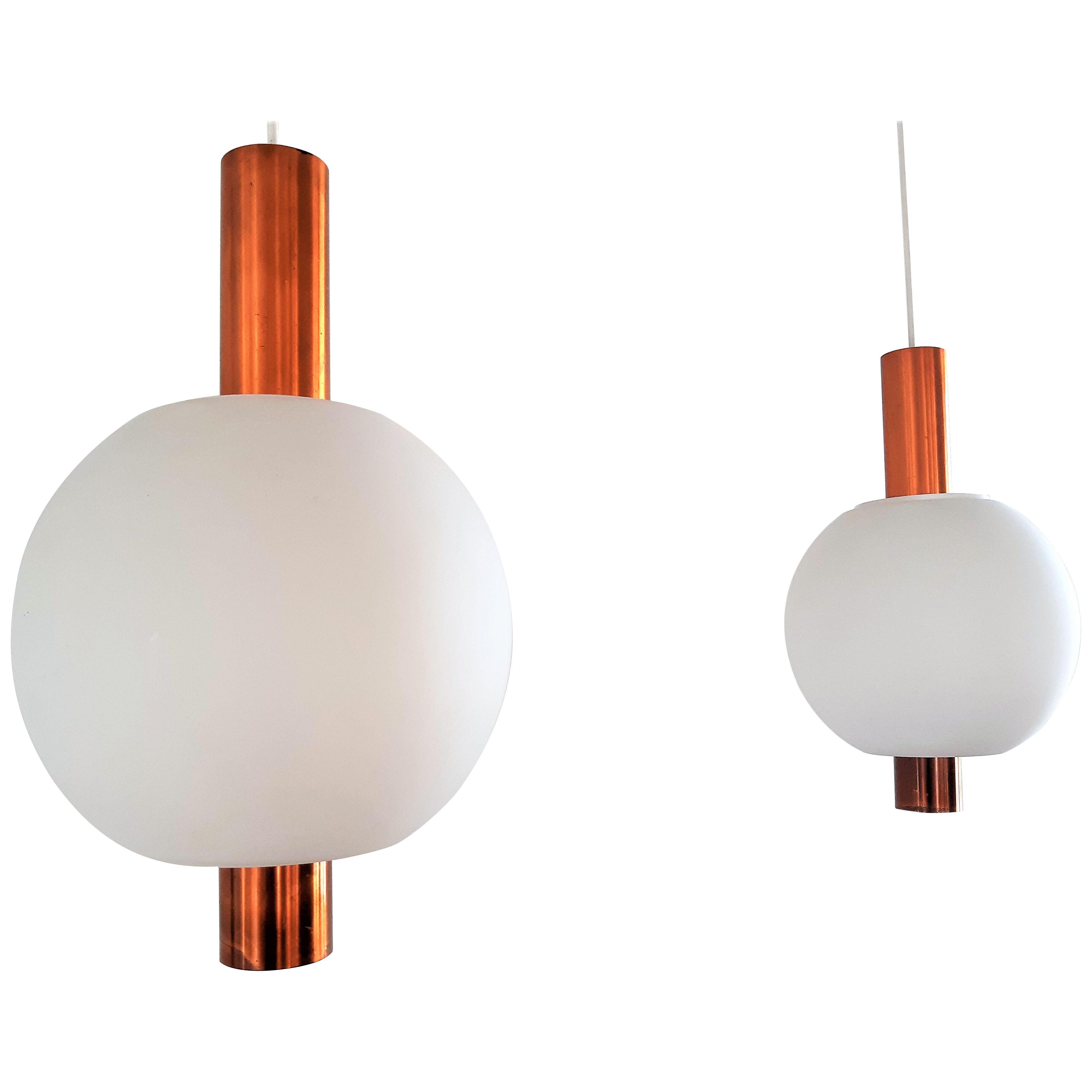 SET OF 2 COPPER AND GLASS PENDANT LAMPS FOR HIEMSRTA EVOLUX, 1960’S