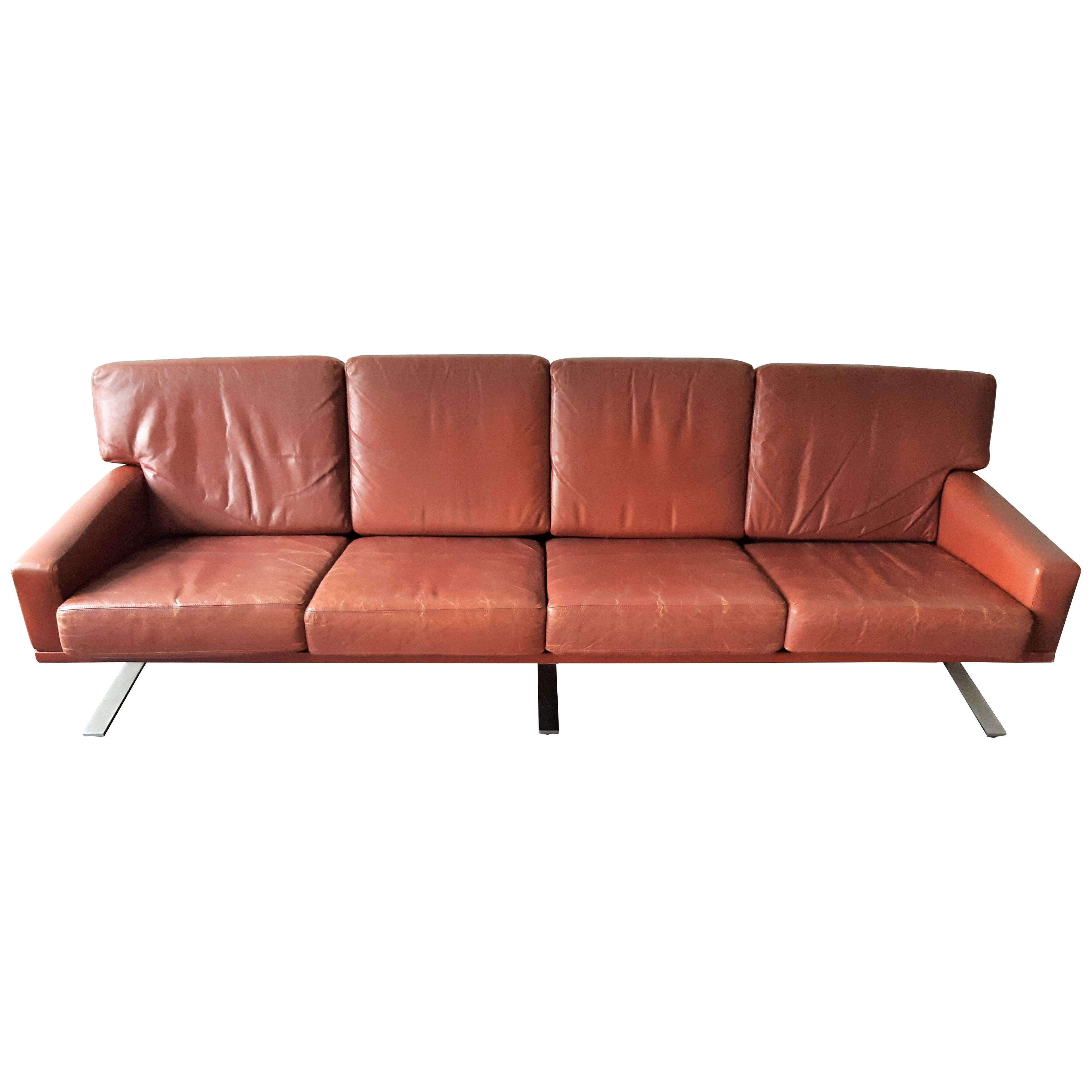 Scandinavian 4-Seater Sofa in Red-Brown Leather, 1960's