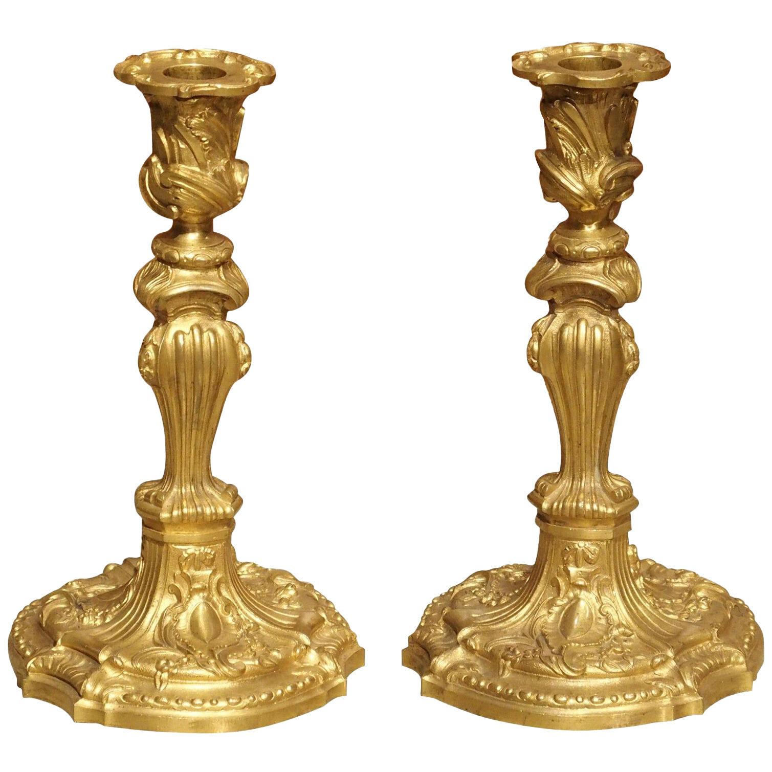 Pair of French Louis XV Style Gilt Bronze Candlesticks, 19th Century