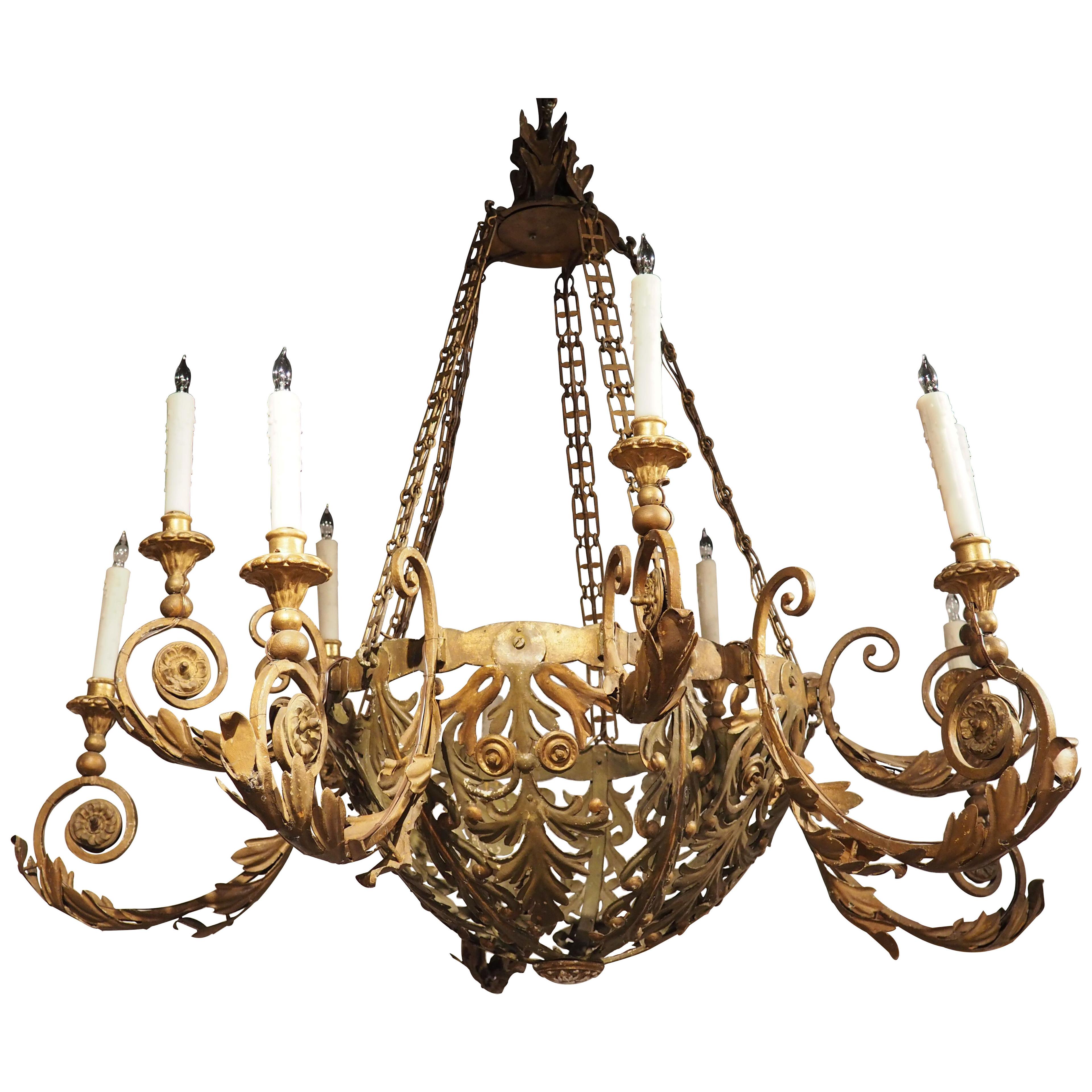 Large 18th Century Painted Tole, Iron and Wood Ten-Light Chandelier from Italy