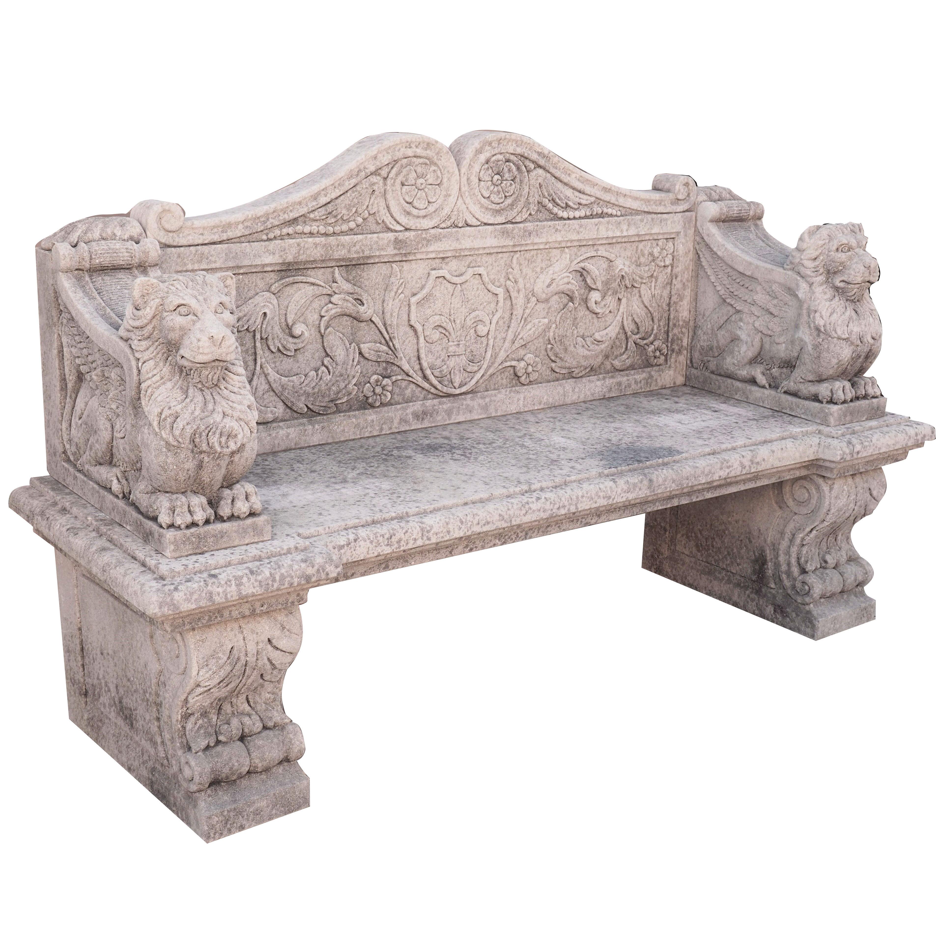 Carved Limestone Bench with Winged Lion Armrests, Scrolls, and Fleur De Lys