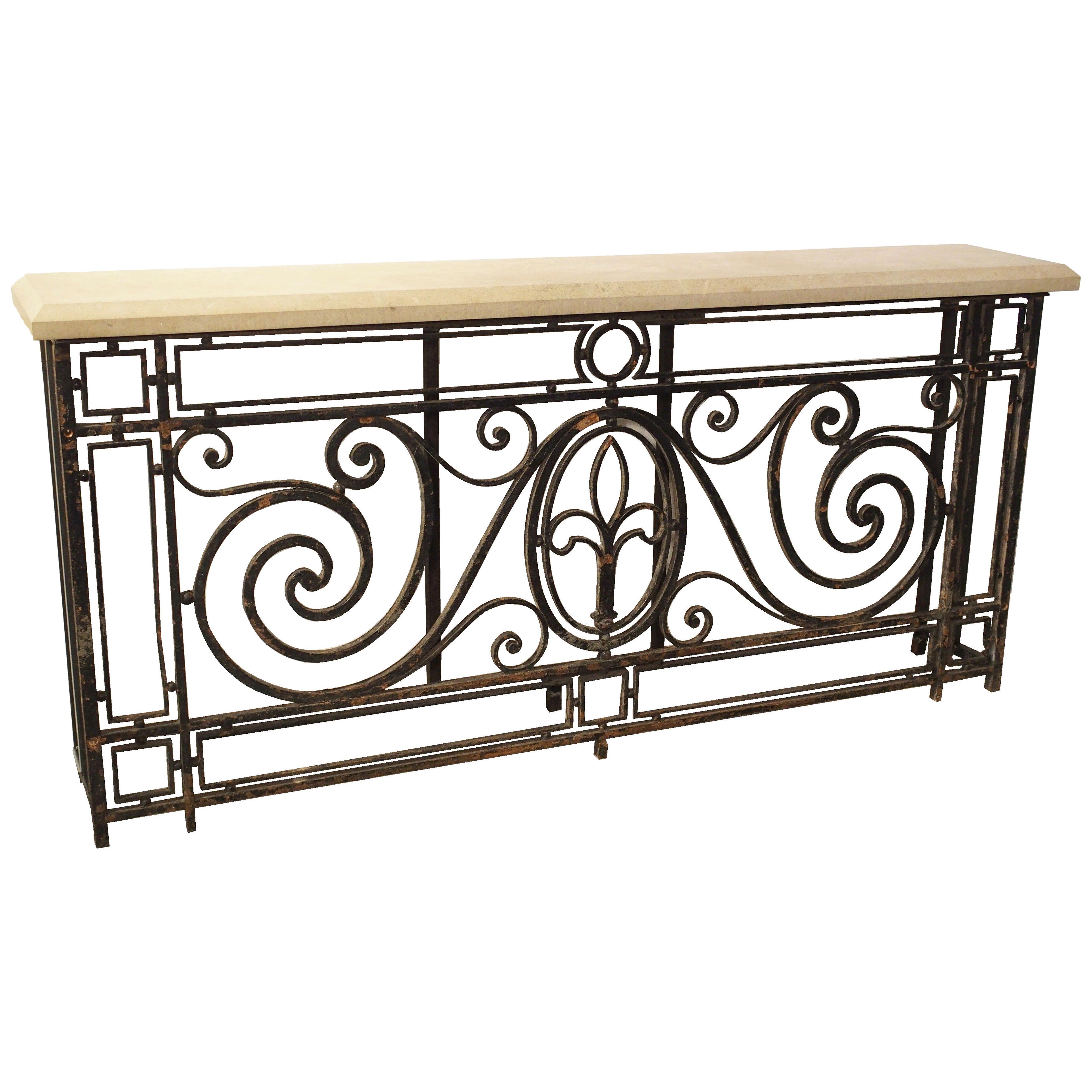 Antique Painted Wrought Iron Balcony Gate Console with Beveled Limestone Top