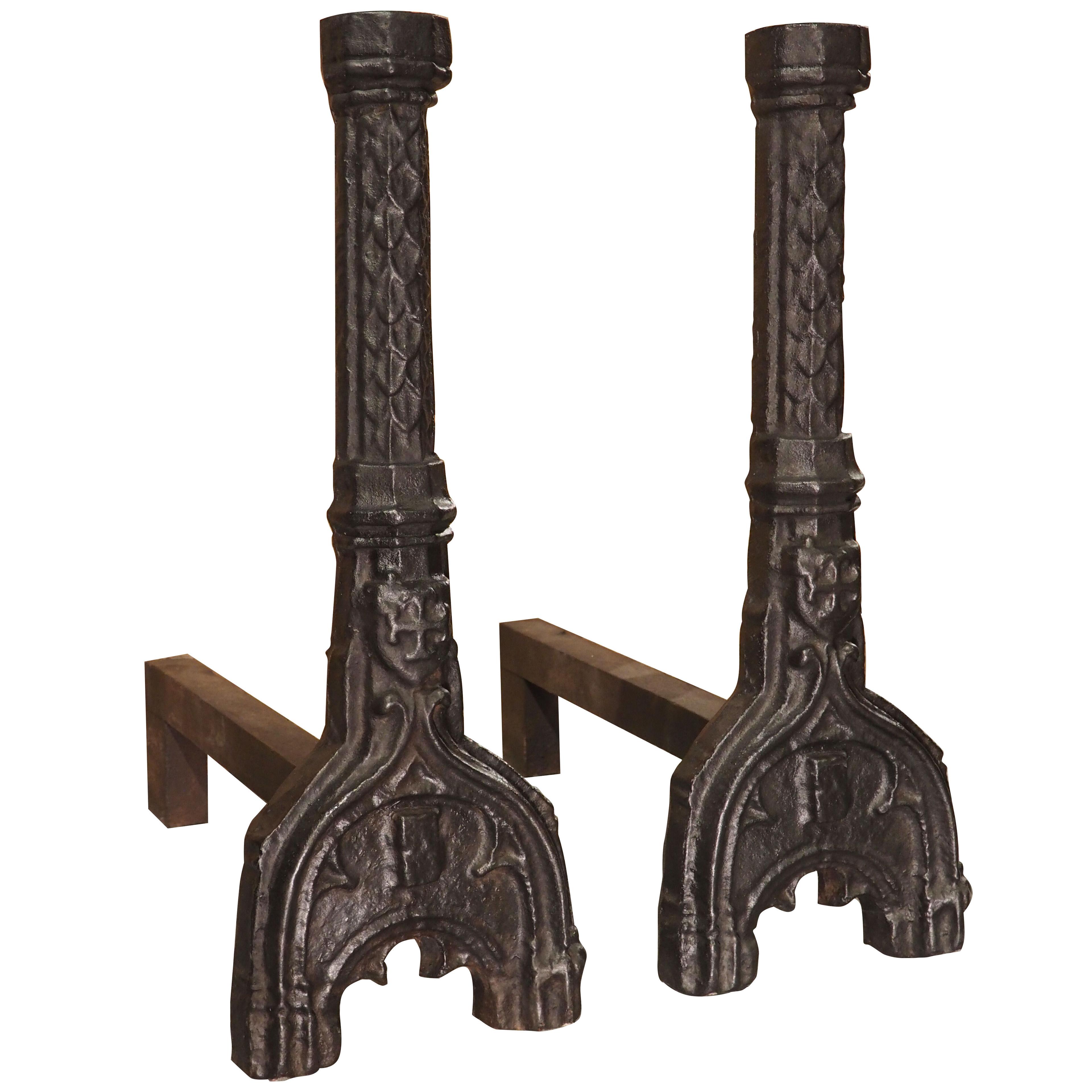 Pair of Important French Gothic Cast Iron Fireplace Chenets, 16th Century